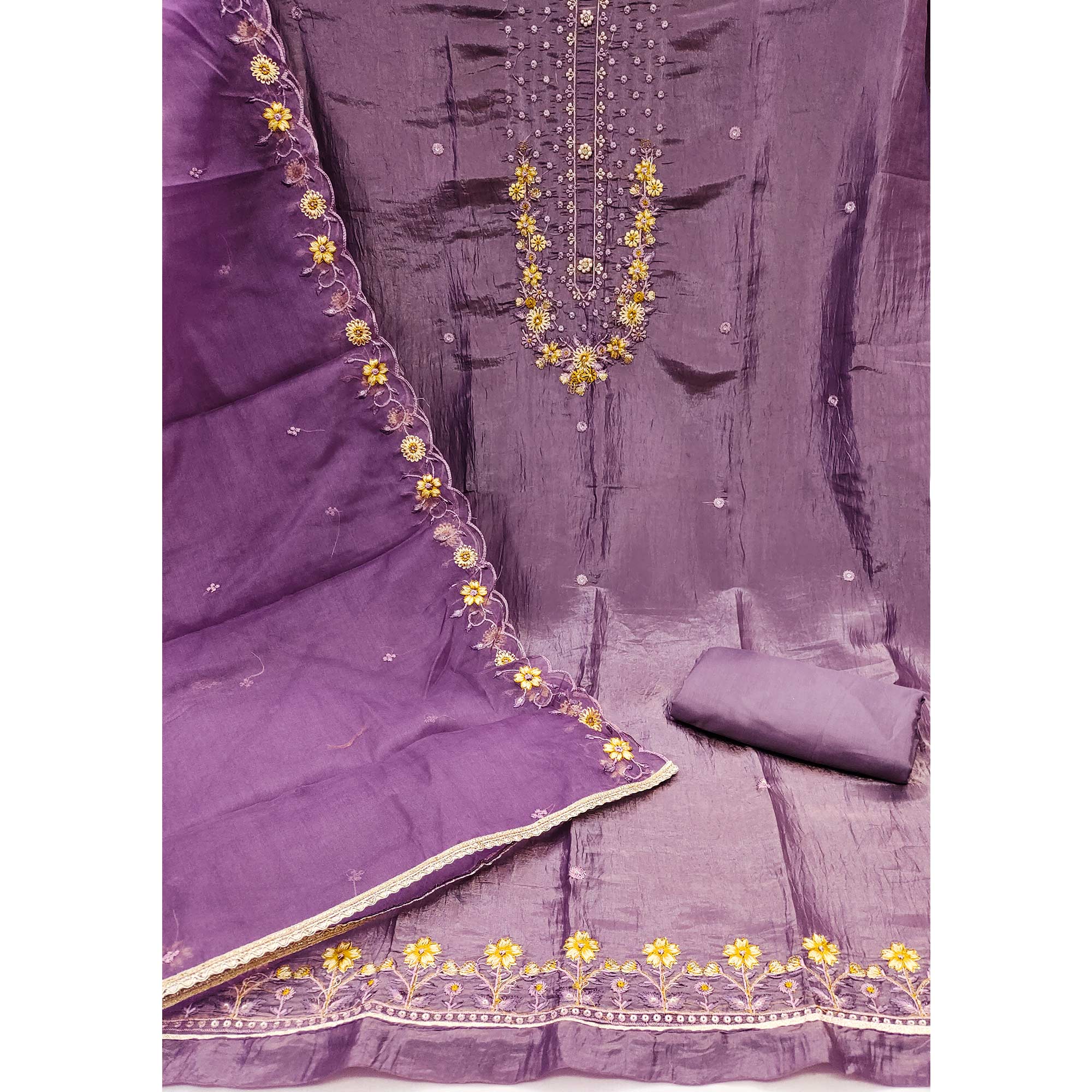 Purple Dress Material In Viscose With Intricate Floral Sequins Embroidery & Handwork