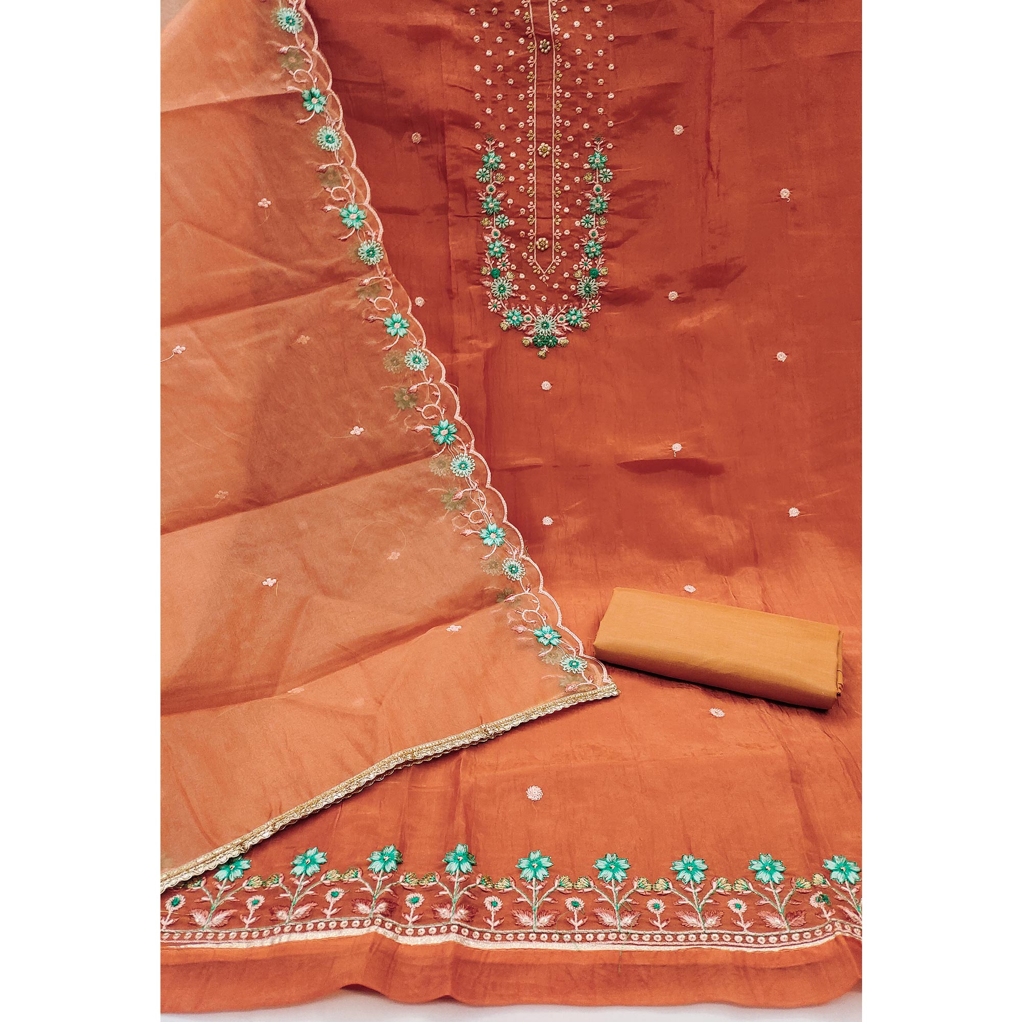Rusty Orange Dress Material In Viscose With Intricate Floral Sequins Embroidery & Handwork
