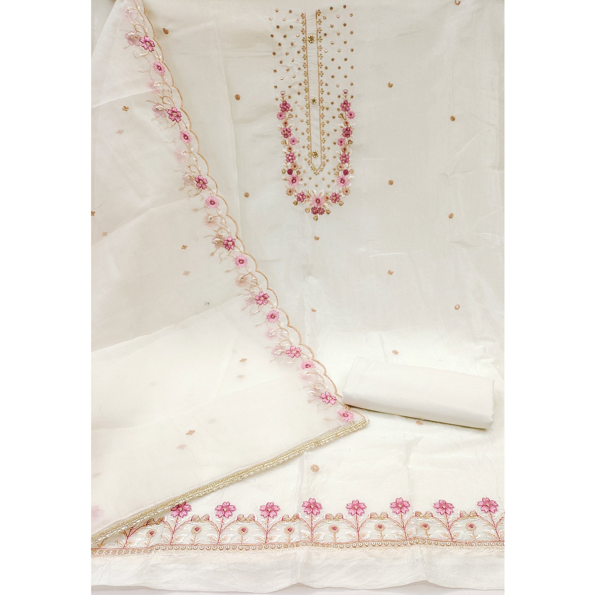 White Dress Material In Viscose With Intricate Floral Sequins Embroidery & Handwork