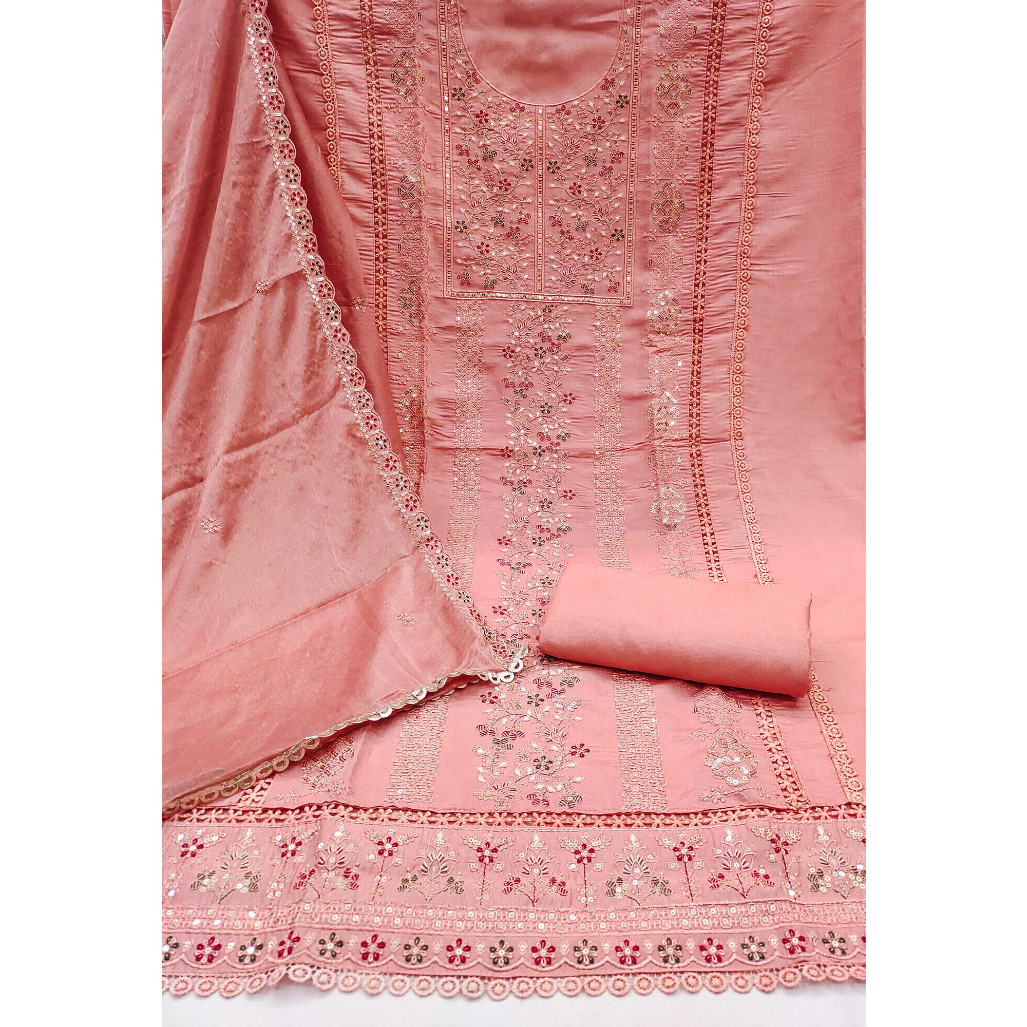 Peach Floral Embroidered Cotton Silk Dress Material With Glimmering Floral Sequins Work