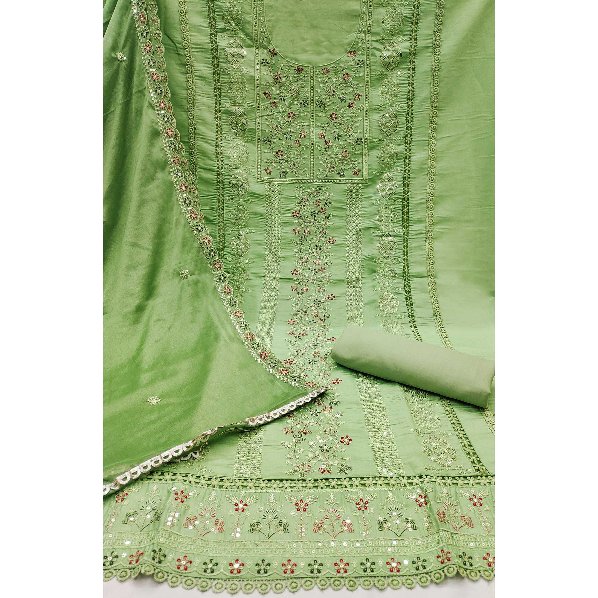 Pink Floral Embroidered Cotton Silk Dress Material With Glimmering Floral Sequins Work