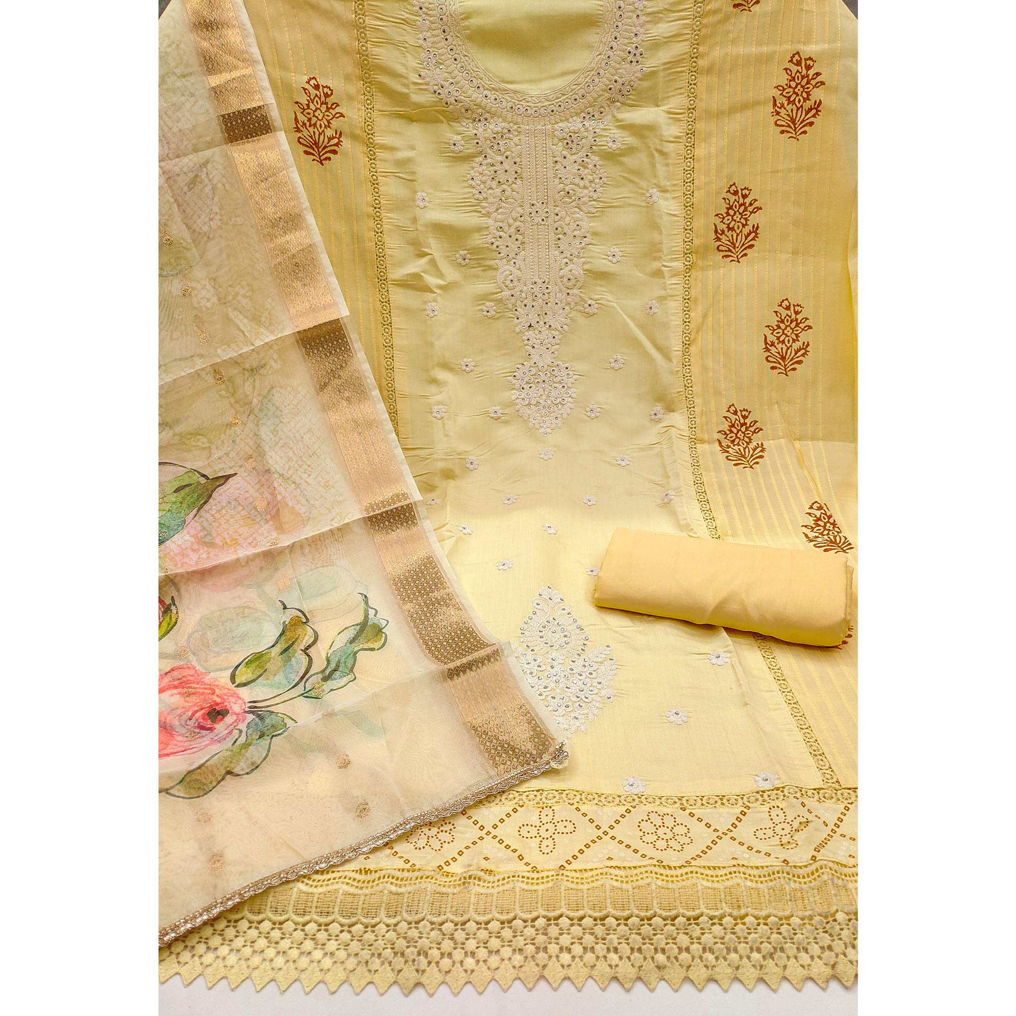 Yellow Thread Embroidered Cotton Silk Dress Material With Floral Motifs & Stone Work