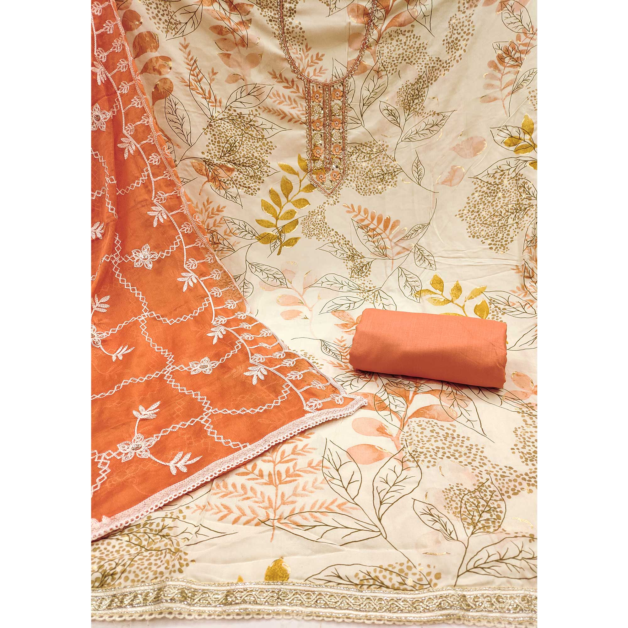 Cream & Orange Floral Printed Pure Cotton Dress Material With Intricate Moti & Stones work