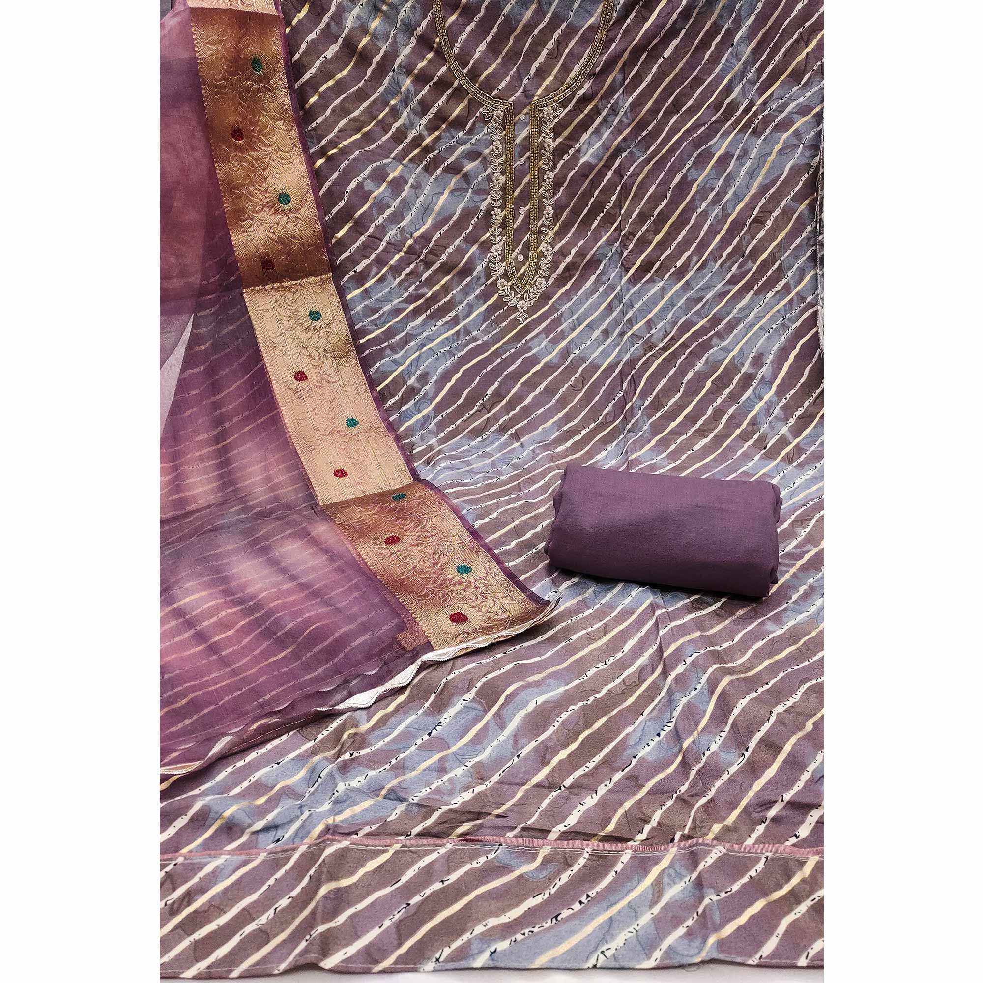 Purple Printed With Intricate Moti Handwork Jam Cotton Dress Material