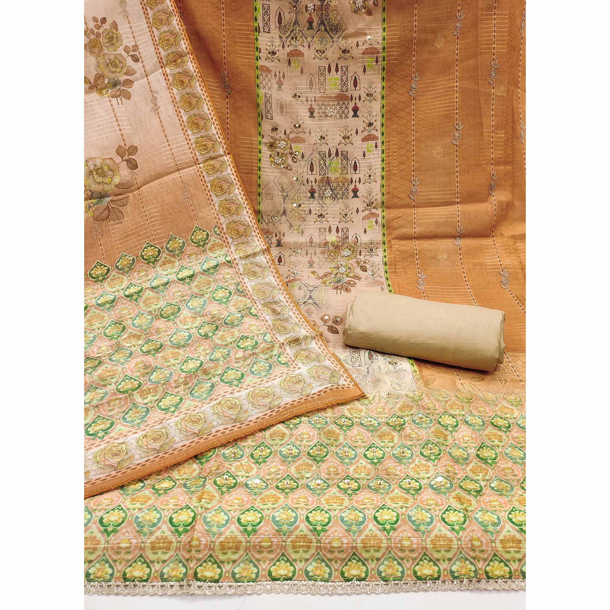 Mustard Digital Printed Viscose Cotton Dress Material With Intricate Moti & Sequins Handwork