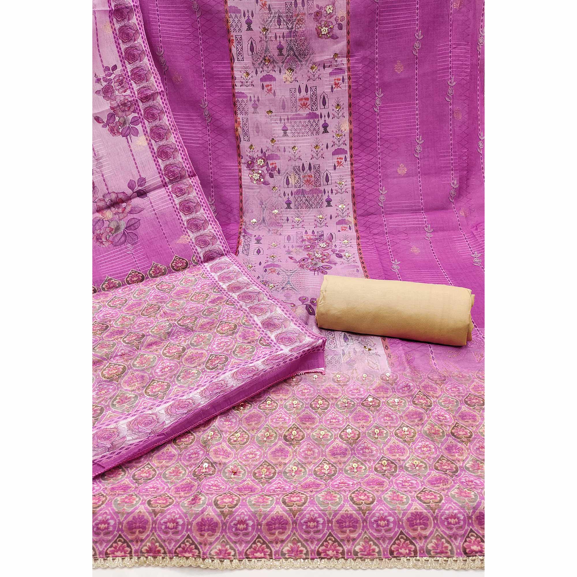 Purple Digital Printed Viscose Cotton Dress Material With Intricate Moti & Sequins Handwork