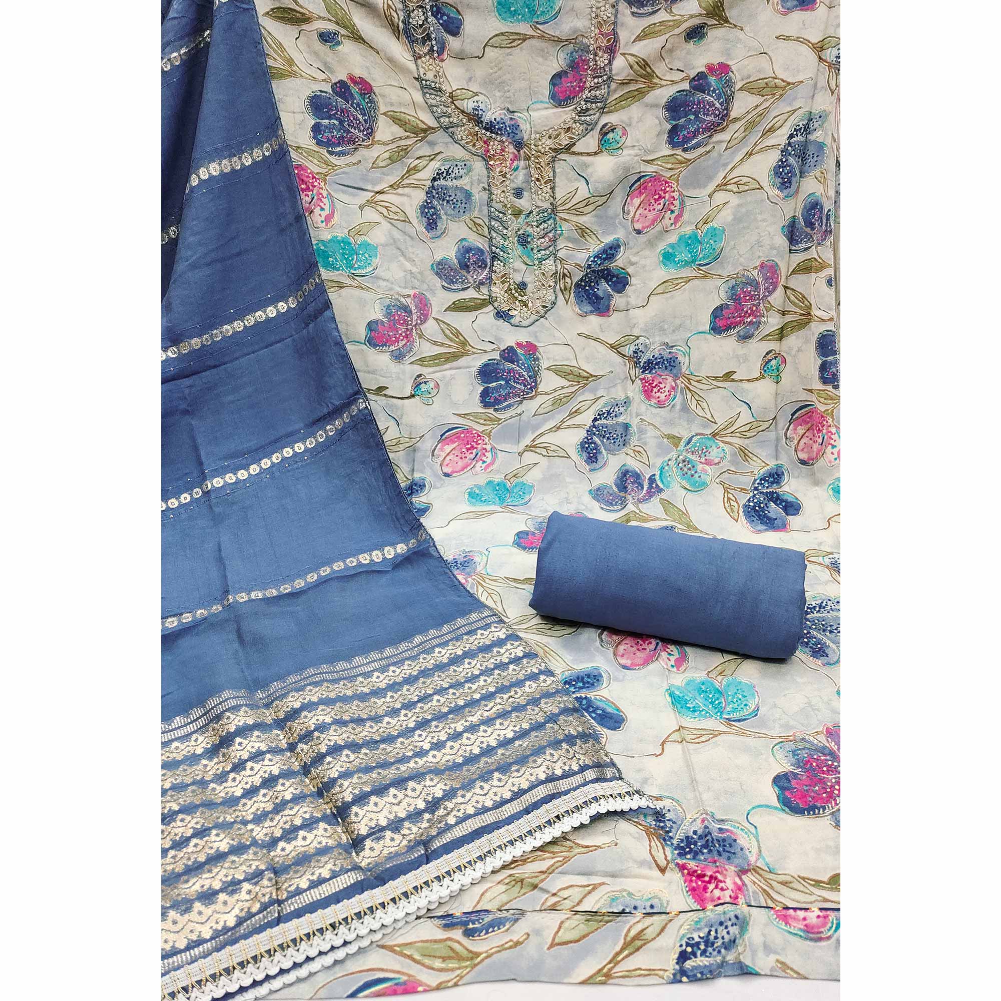 Blue In Jam Cotton with Floral Print & Intricate Moti Handwork Dress Material