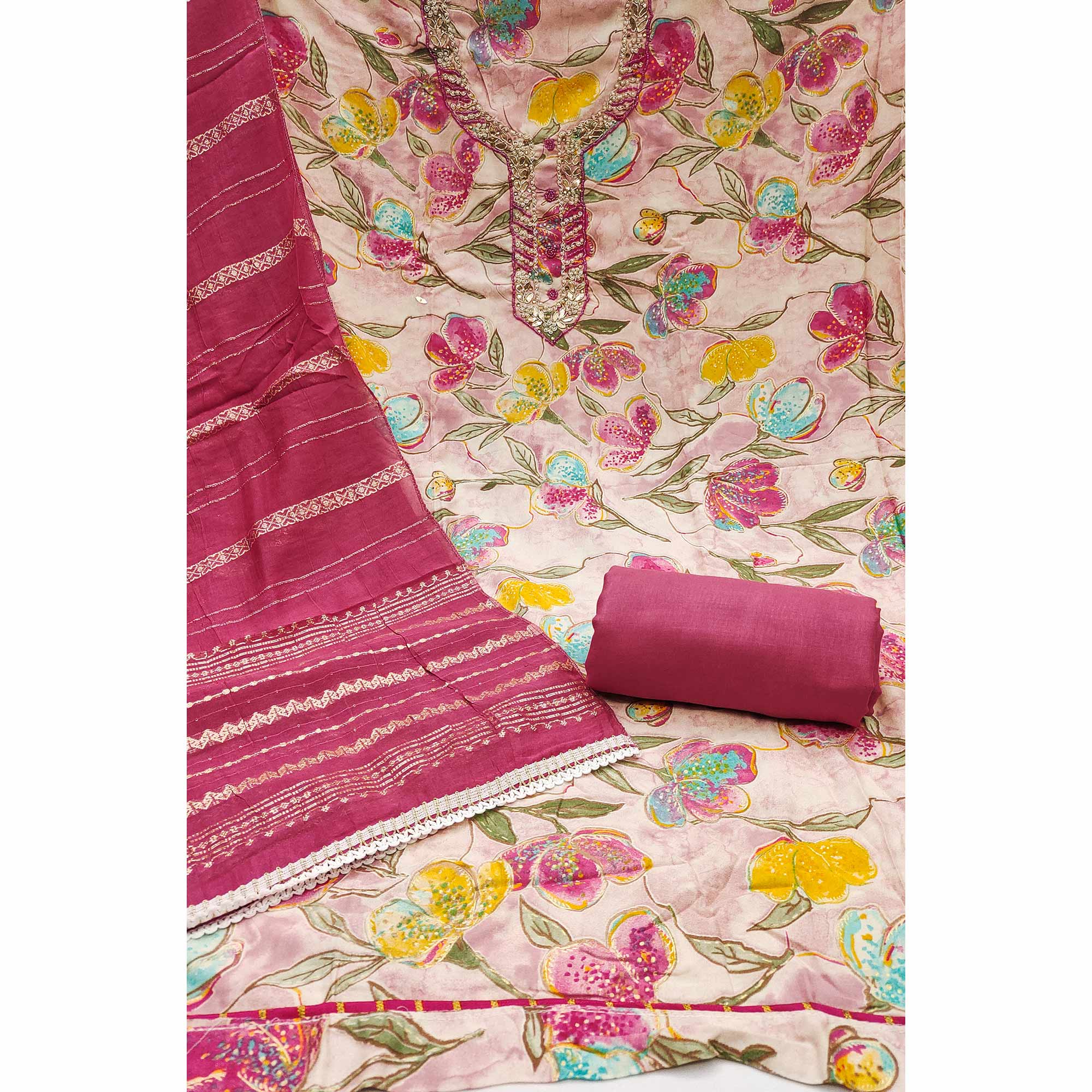 Pink In Jam Cotton with Floral Print & Intricate Moti Handwork Dress Material