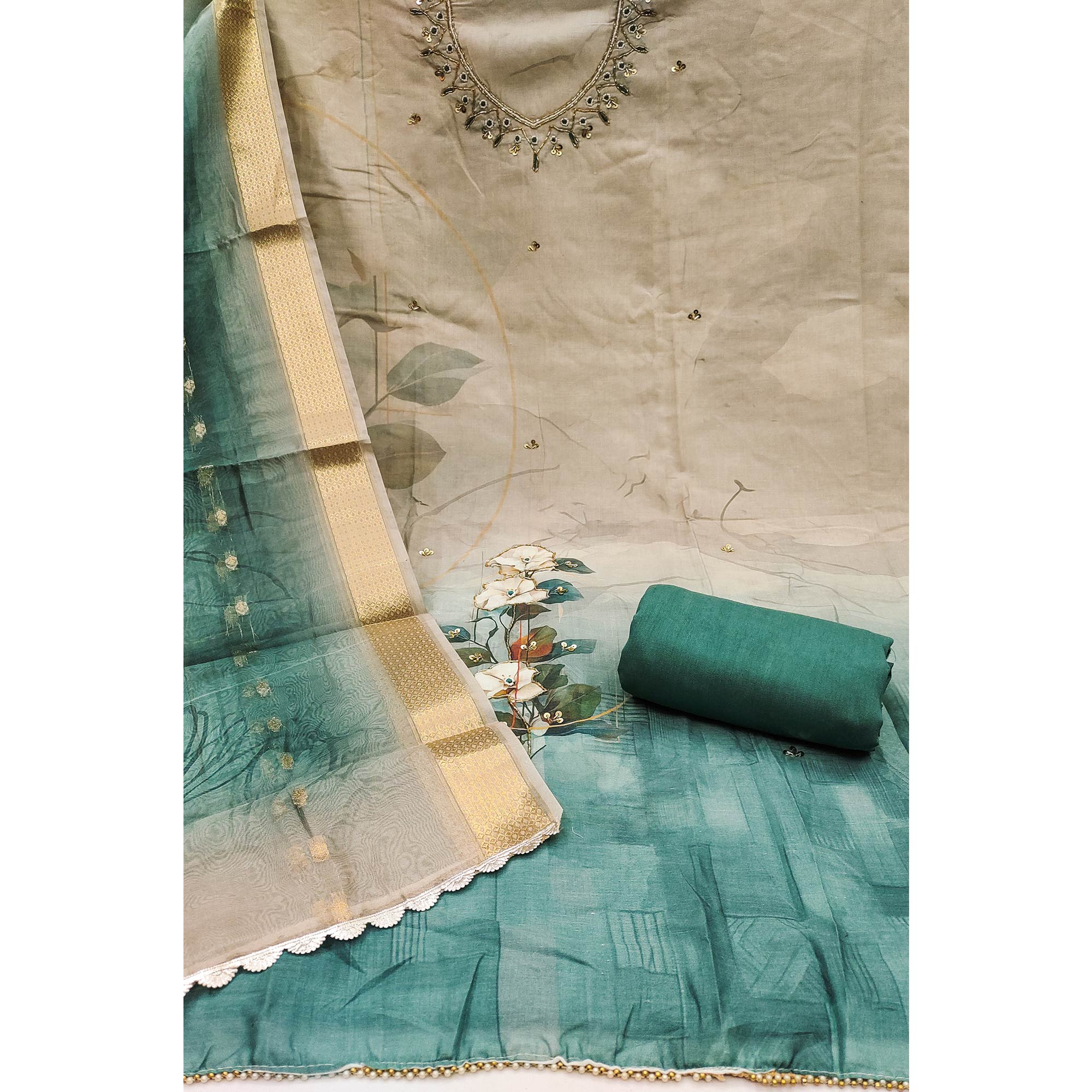 Green Cambric Cotton Dress Material Adorned With Floral Prints & Hand Moti Embellishment