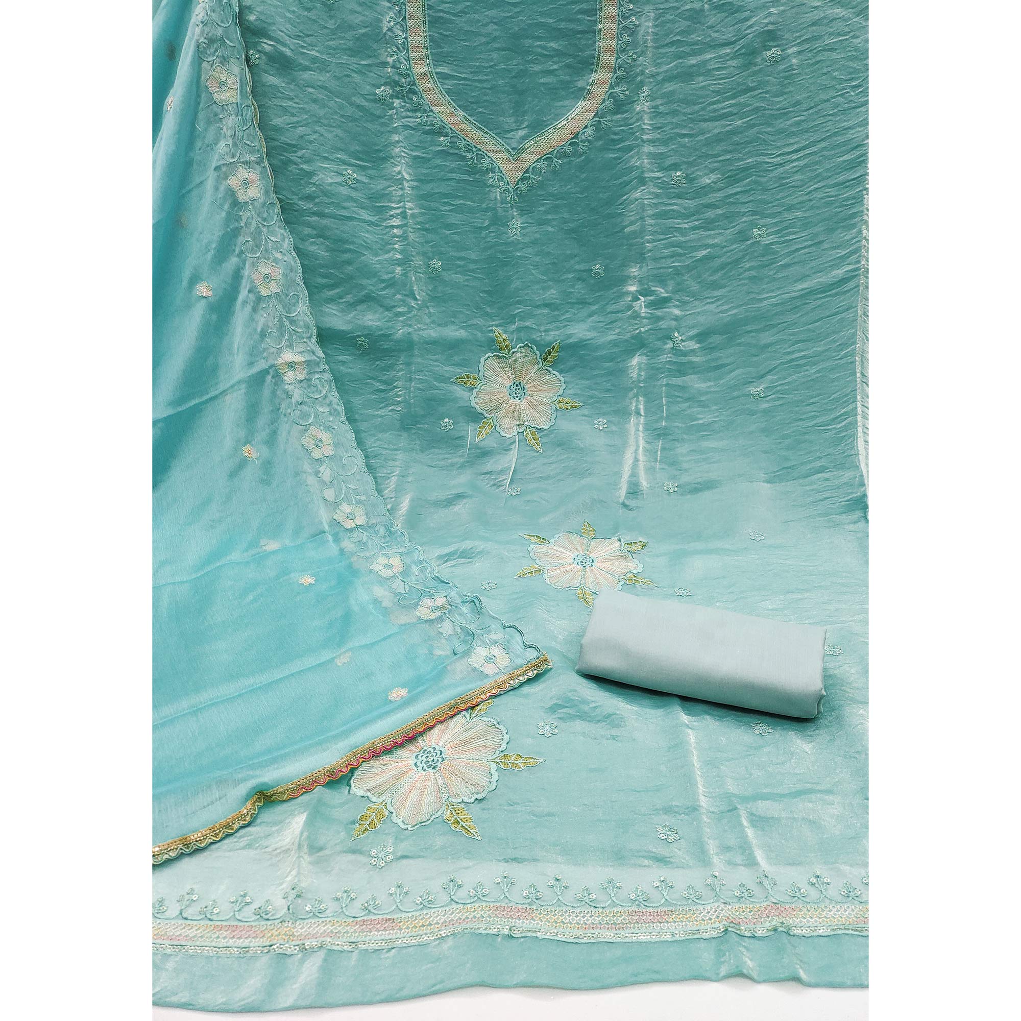Turquoise Ensemble With Floral Sequins Embroidery Detailing On Satin Viscose Dress Material