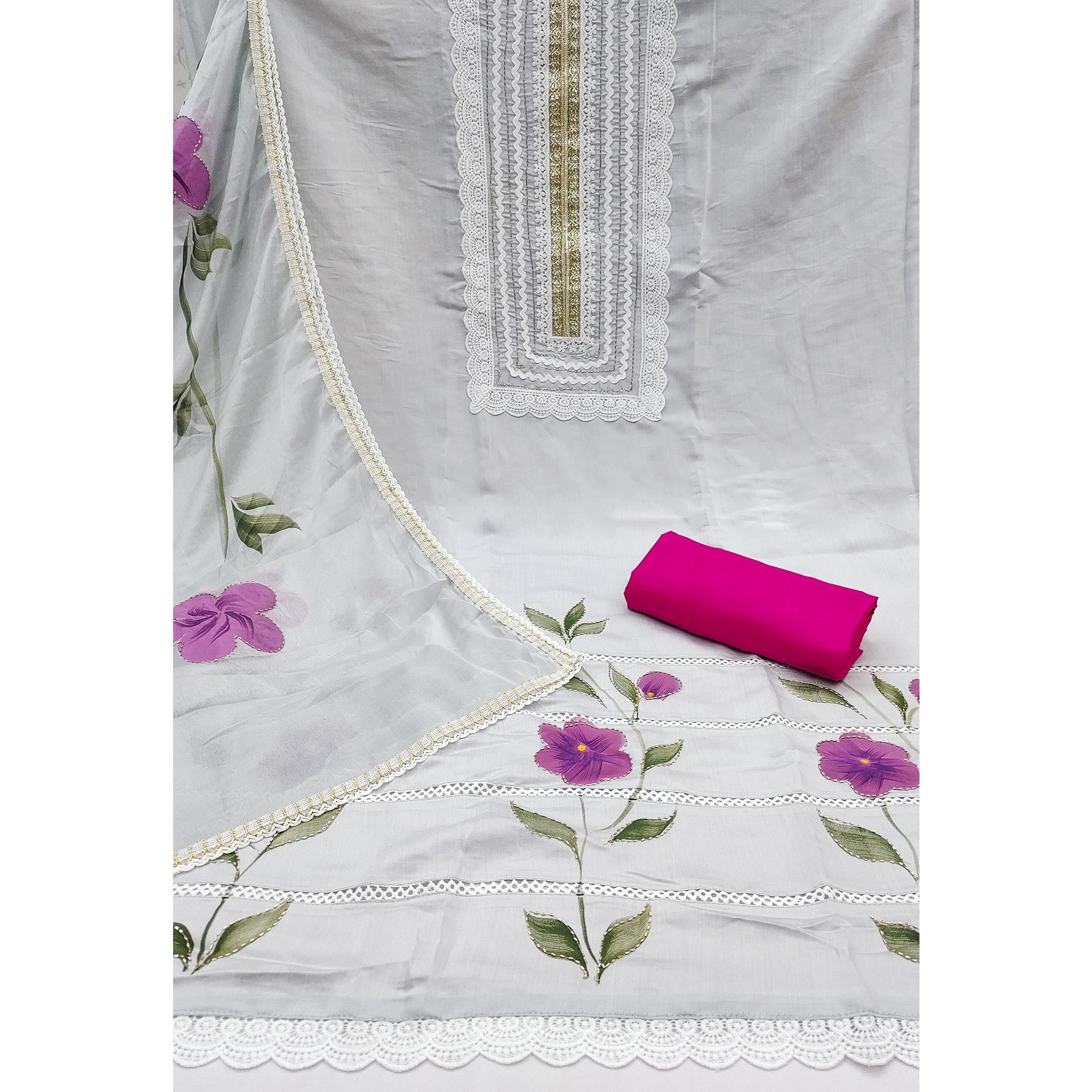 Grey Floral Printed With Intricate Handwork Embroidered Cotton Silk Dress Material