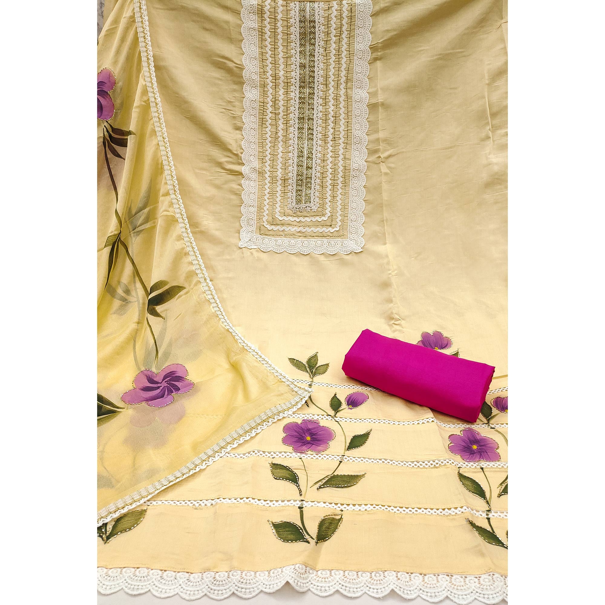 Yellow Floral Printed With Intricate Handwork Embroidered Cotton Silk Dress Material
