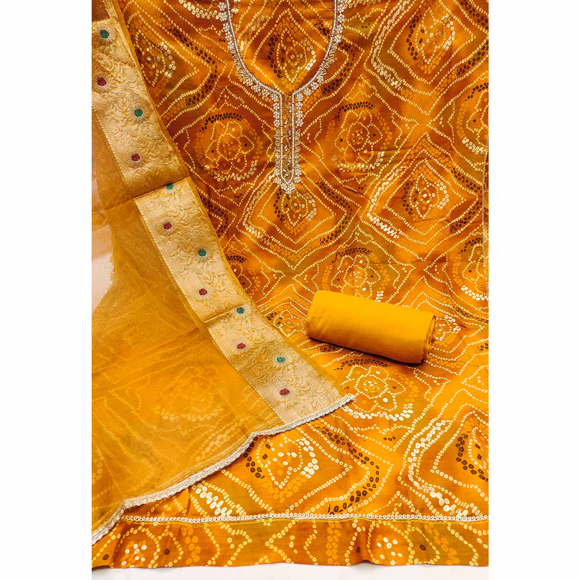 Mustard Bandhani Printed Pure Cotton Dress Material With Artistic Moti & Gota Patti Handwork