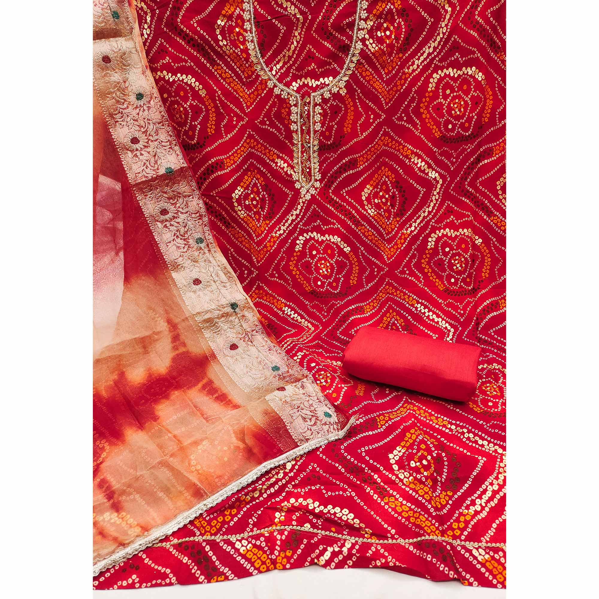 Red Bandhani Printed Pure Cotton Dress Material With Artistic Moti & Gota Patti Handwork