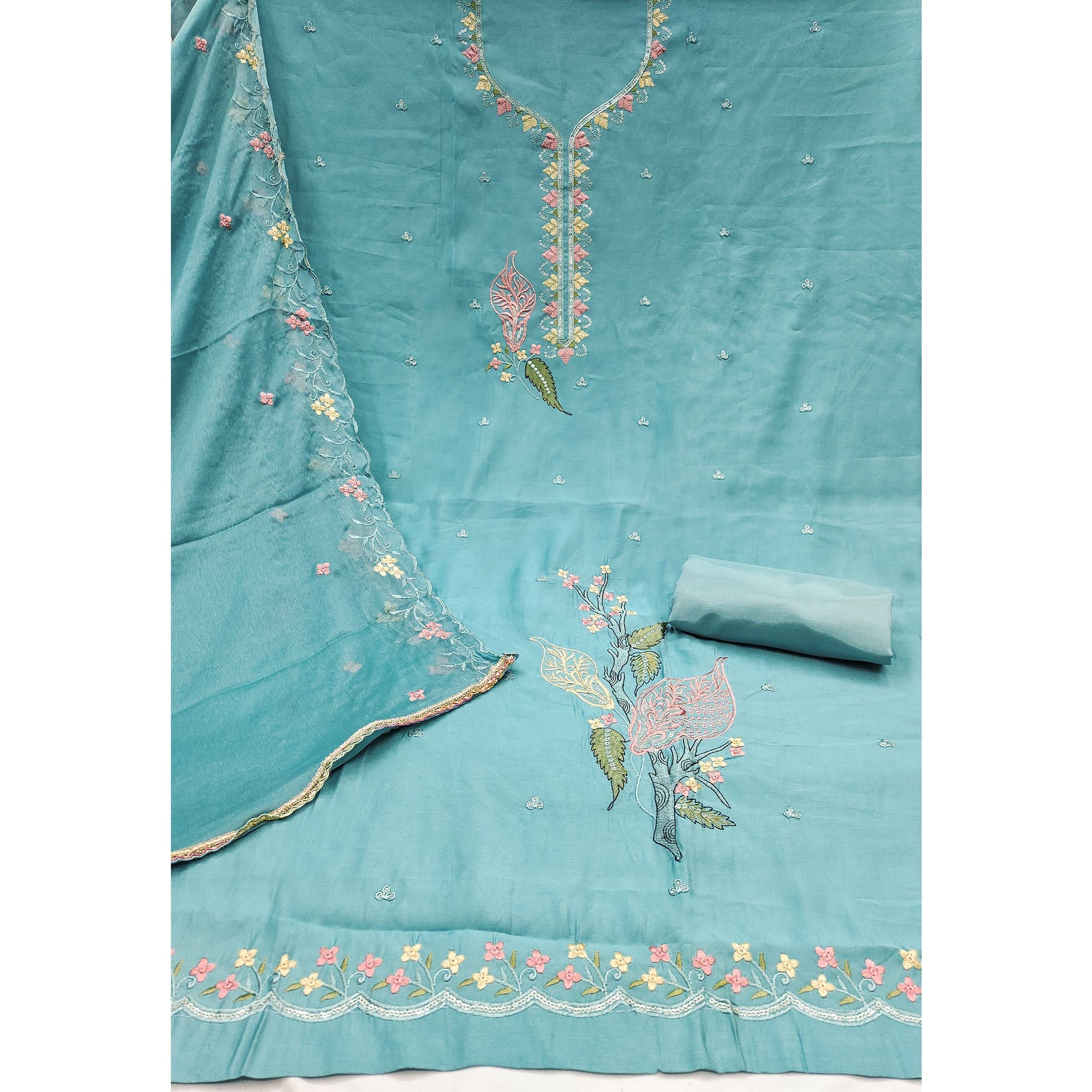 Turquoise Dress Material In Cotton Silk With Floral Embroidery & Sequin Accents