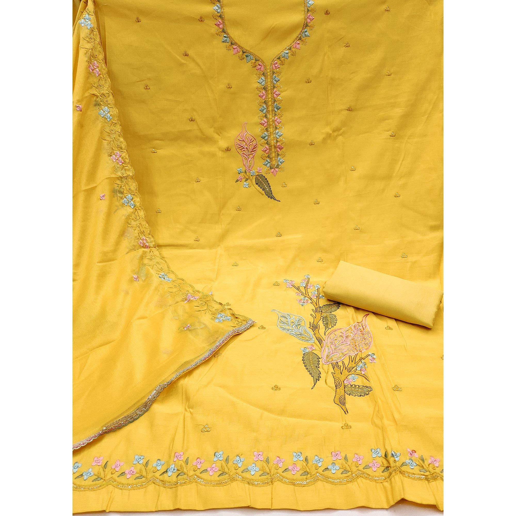 Yellow Dress Material In Cotton Silk With Floral Embroidery & Sequin Accents