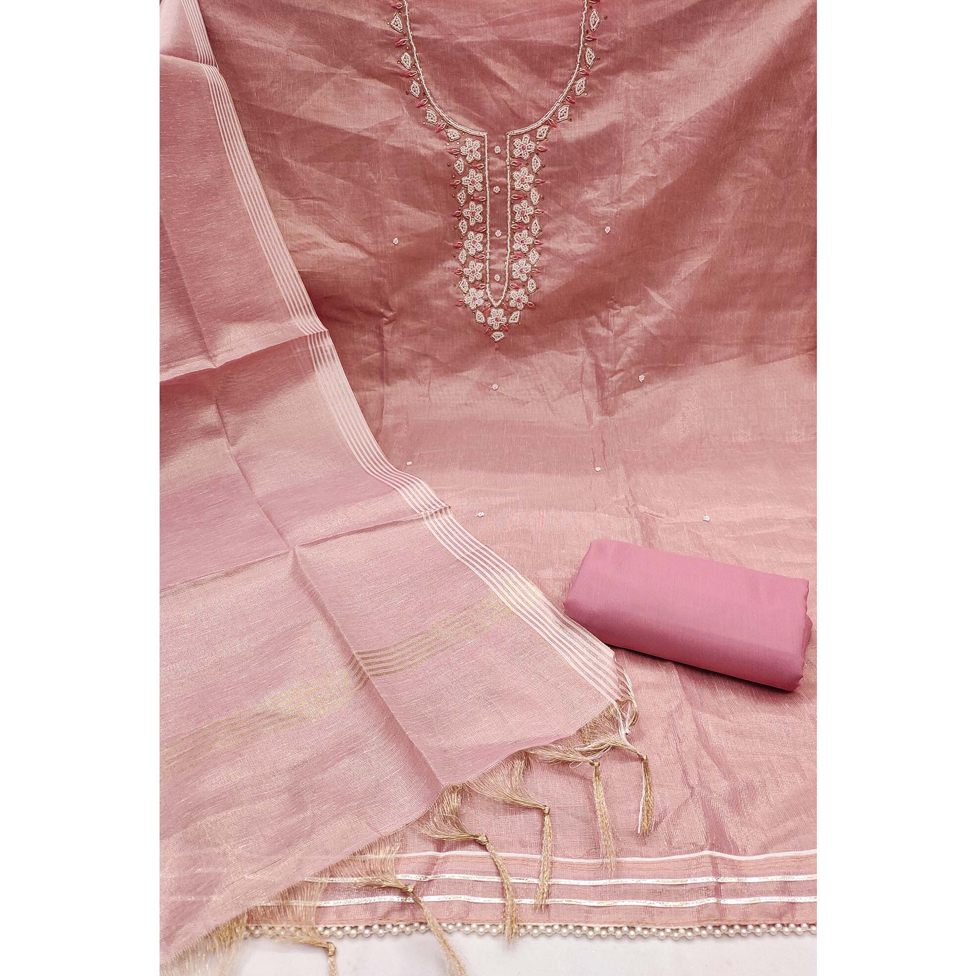 Dusty Rose Pink Shimmer Cotton Pure Cotton Dress Material With Intricate Moti & Stones Handwork