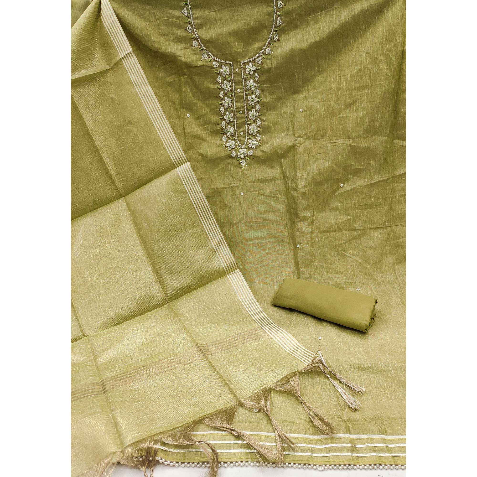 Green Shimmer Cotton Pure Cotton Dress Material With Intricate Moti & Stones Handwork
