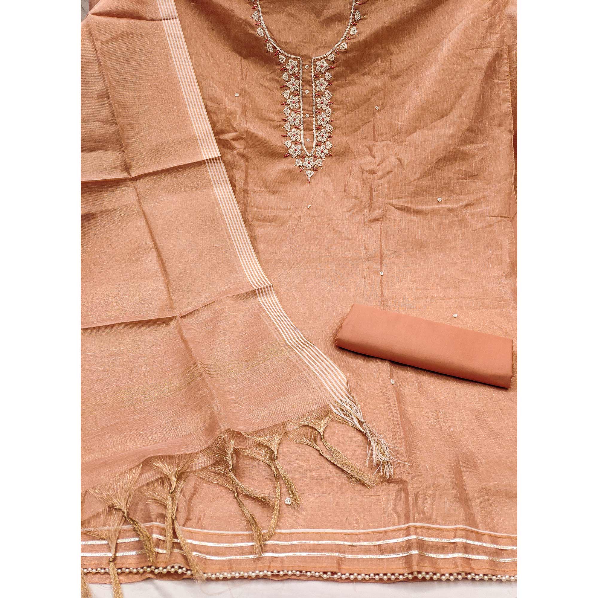 Peach Shimmer Cotton Pure Cotton Dress Material With Intricate Moti & Stones Handwork