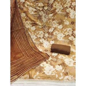 Brown Floral Printed With Intricate Moti & Sequins Handwork Cotton Silk Dress Material