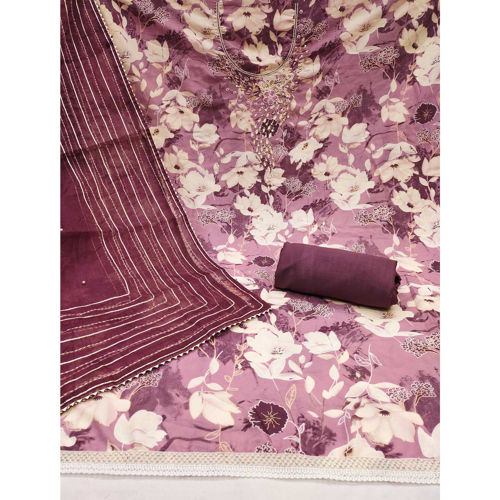 Mauve Floral Printed With Intricate Moti & Sequins Handwork Cotton Silk Dress Material