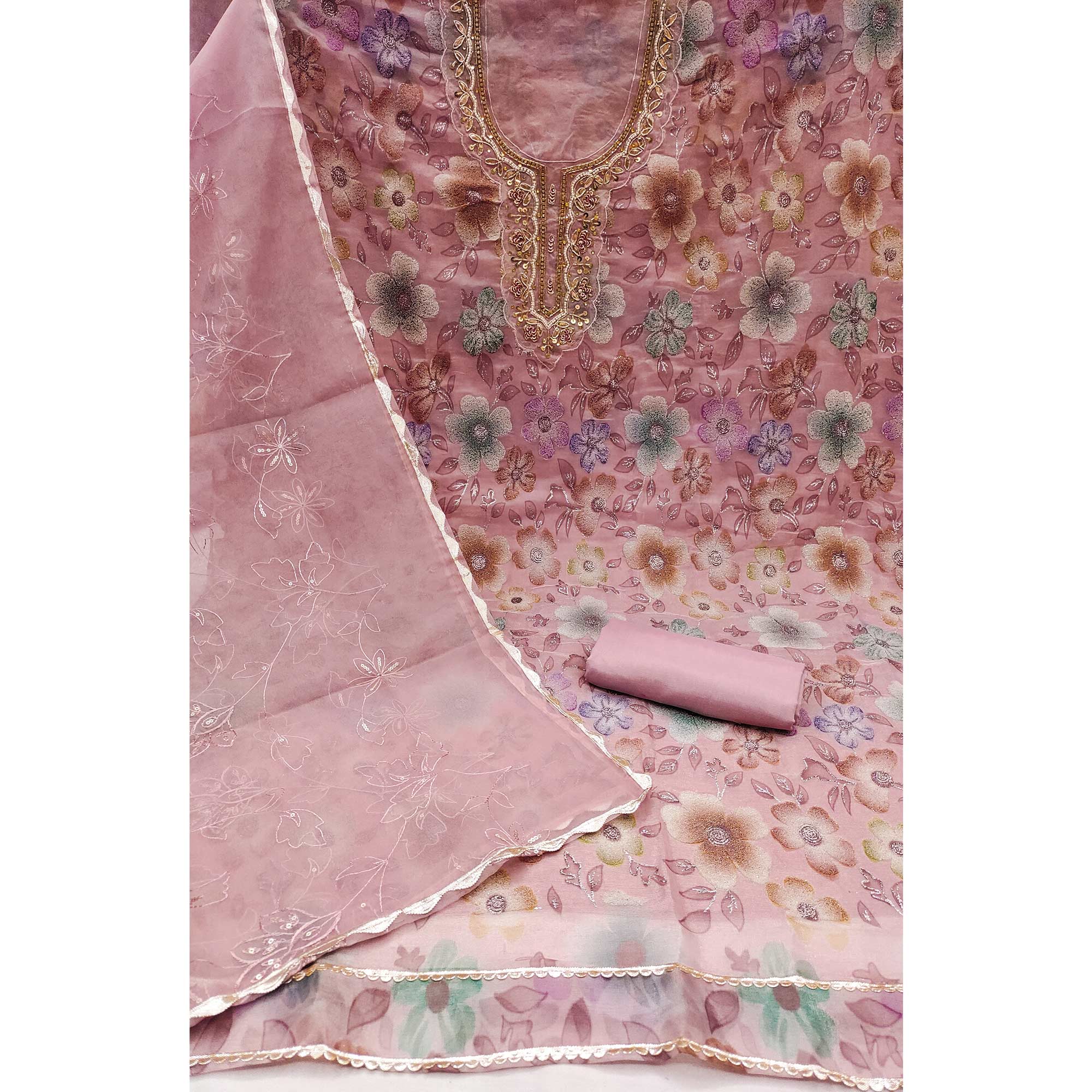 Peach Delight Floral Printed With Moti & Sequins Handwork Viscose Dress Material
