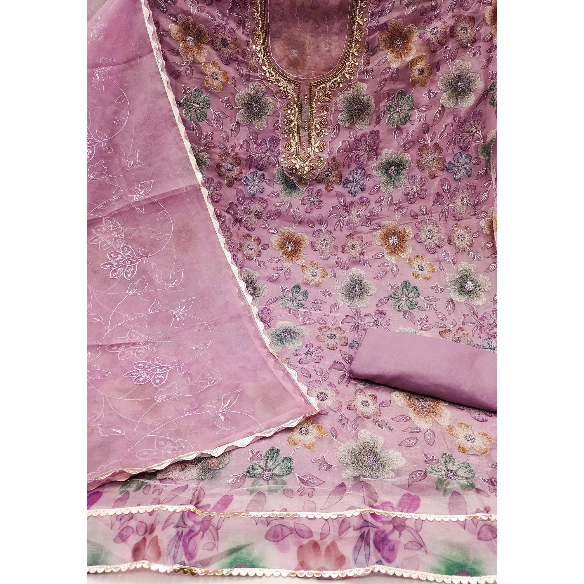 Pink Delight Floral Printed With Moti & Sequins Handwork Viscose Dress Material