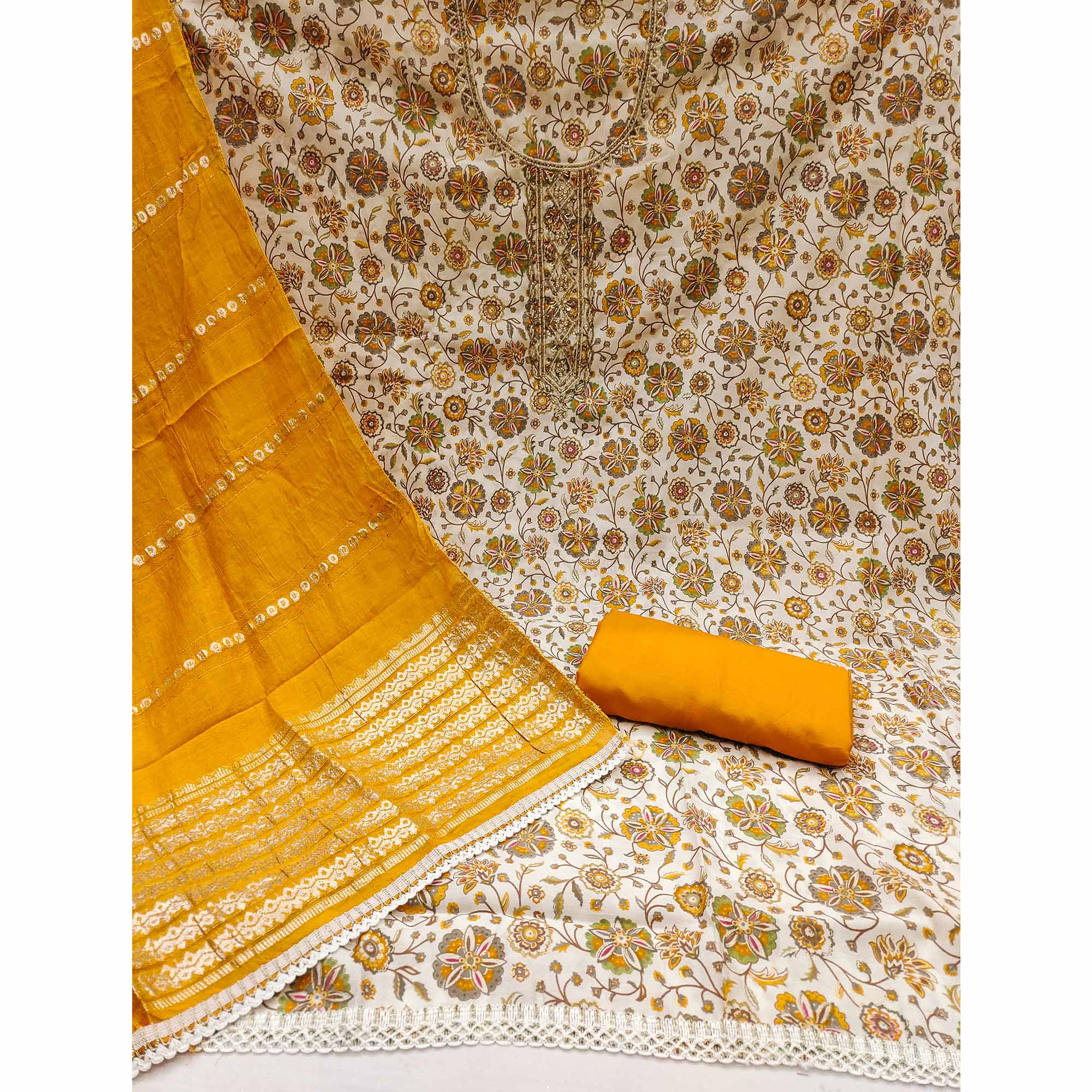 Mustard Floral Printed Roman Cotton Silk Dress Material With Intricate Moti & Sequins Handwork