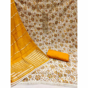 Mustard Floral Printed Roman Cotton Silk Dress Material With Intricate Moti & Sequins Handwork
