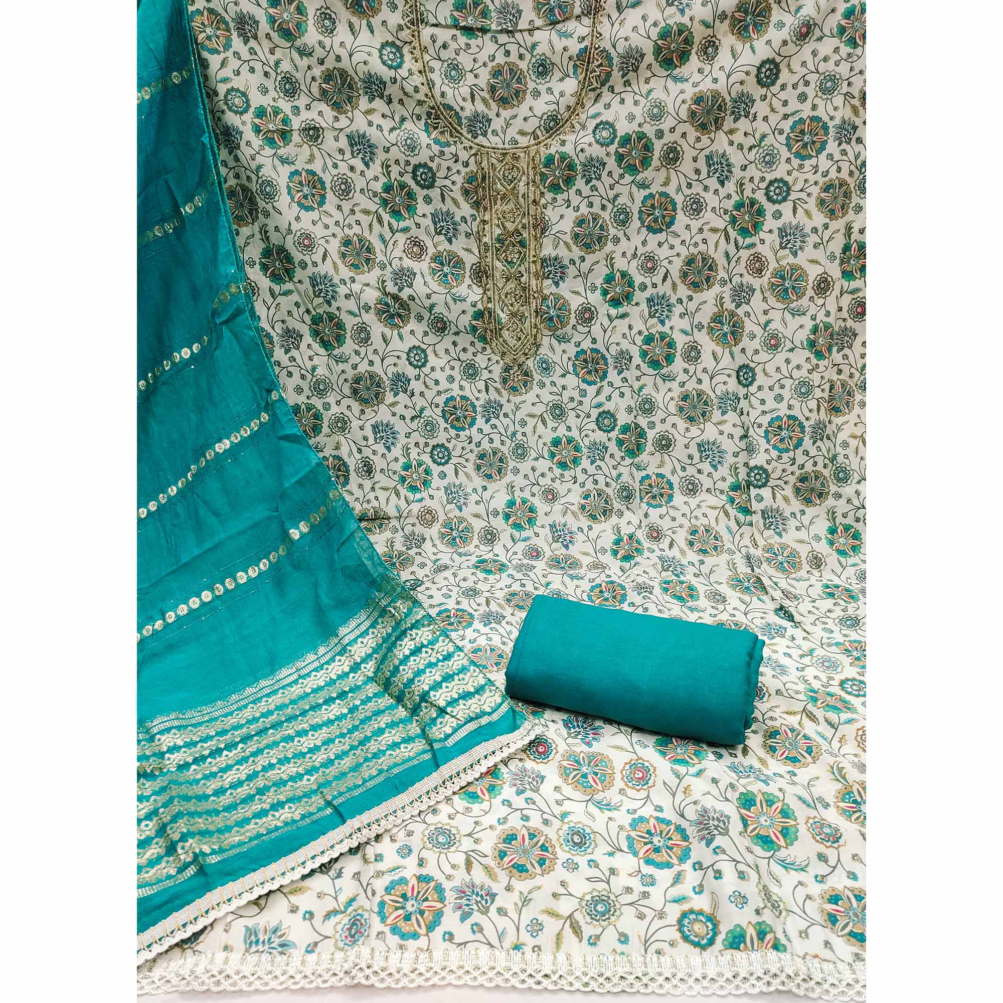 Teal Floral Printed Roman Cotton Silk Dress Material With Intricate Moti & Sequins Handwork
