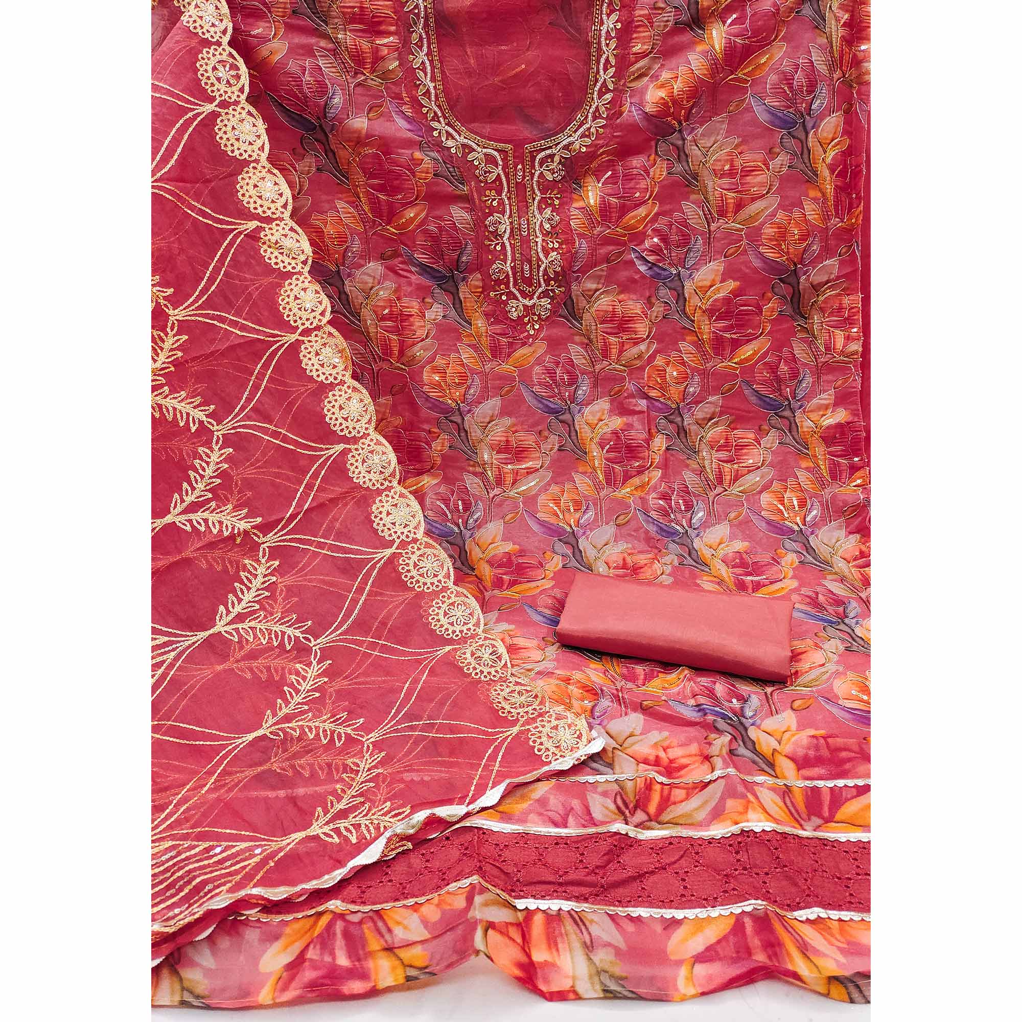 Gajri Pink Bloom Charm With Floral Print & Delicate Sequins & Moti Handwork Dress Material