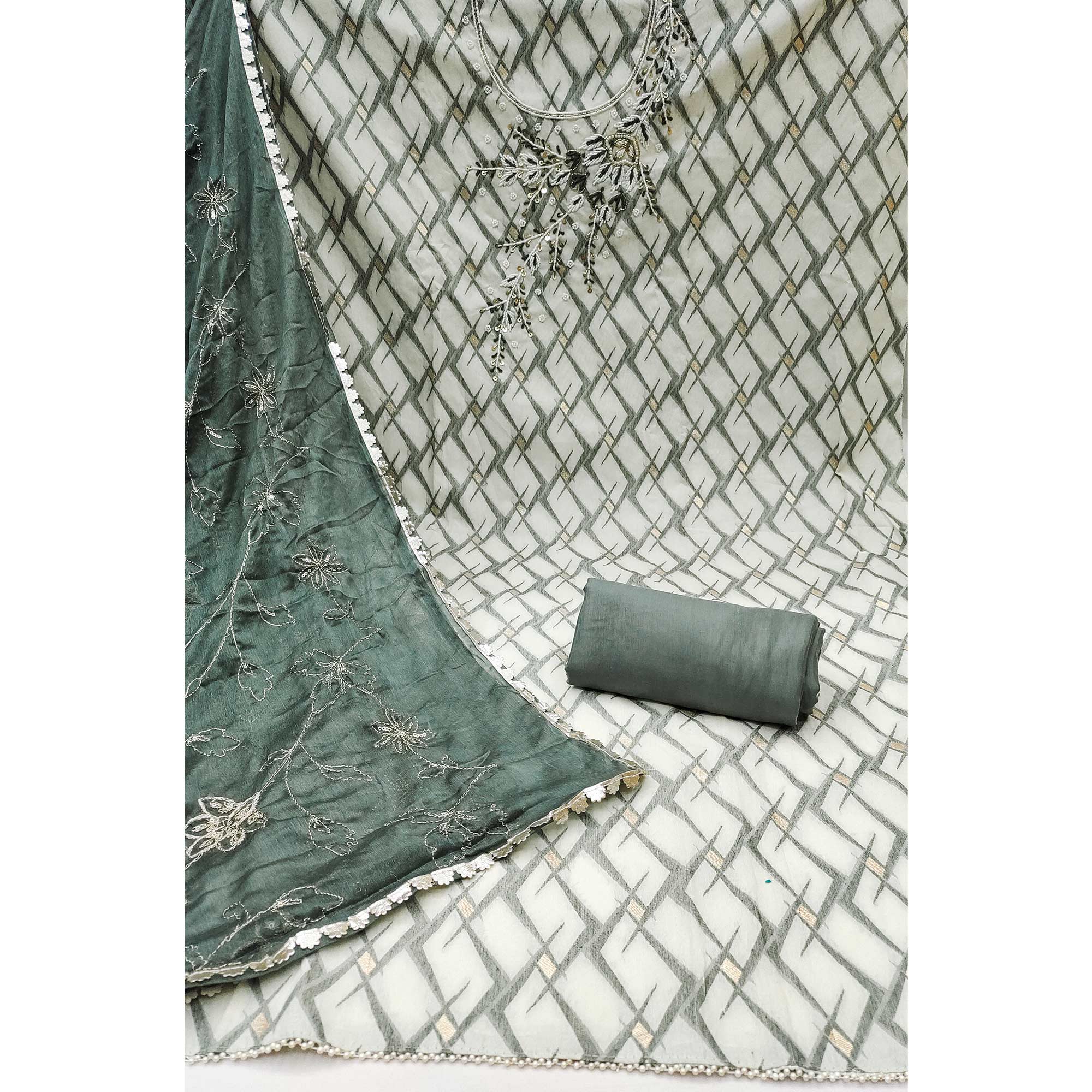 Dusty Sea Green Woven Banarasi Silk Dress Material With Intricate Moti & Sequins Handwork