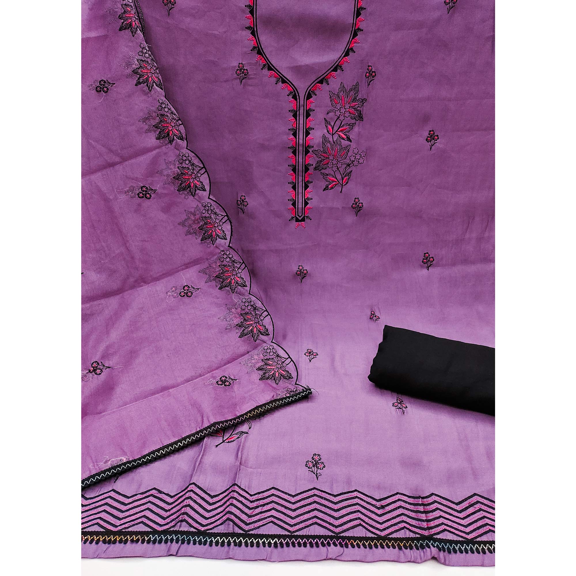 Orchid Purple Cotton Silk Dress Material With Intricate Floral Thread Embroidery