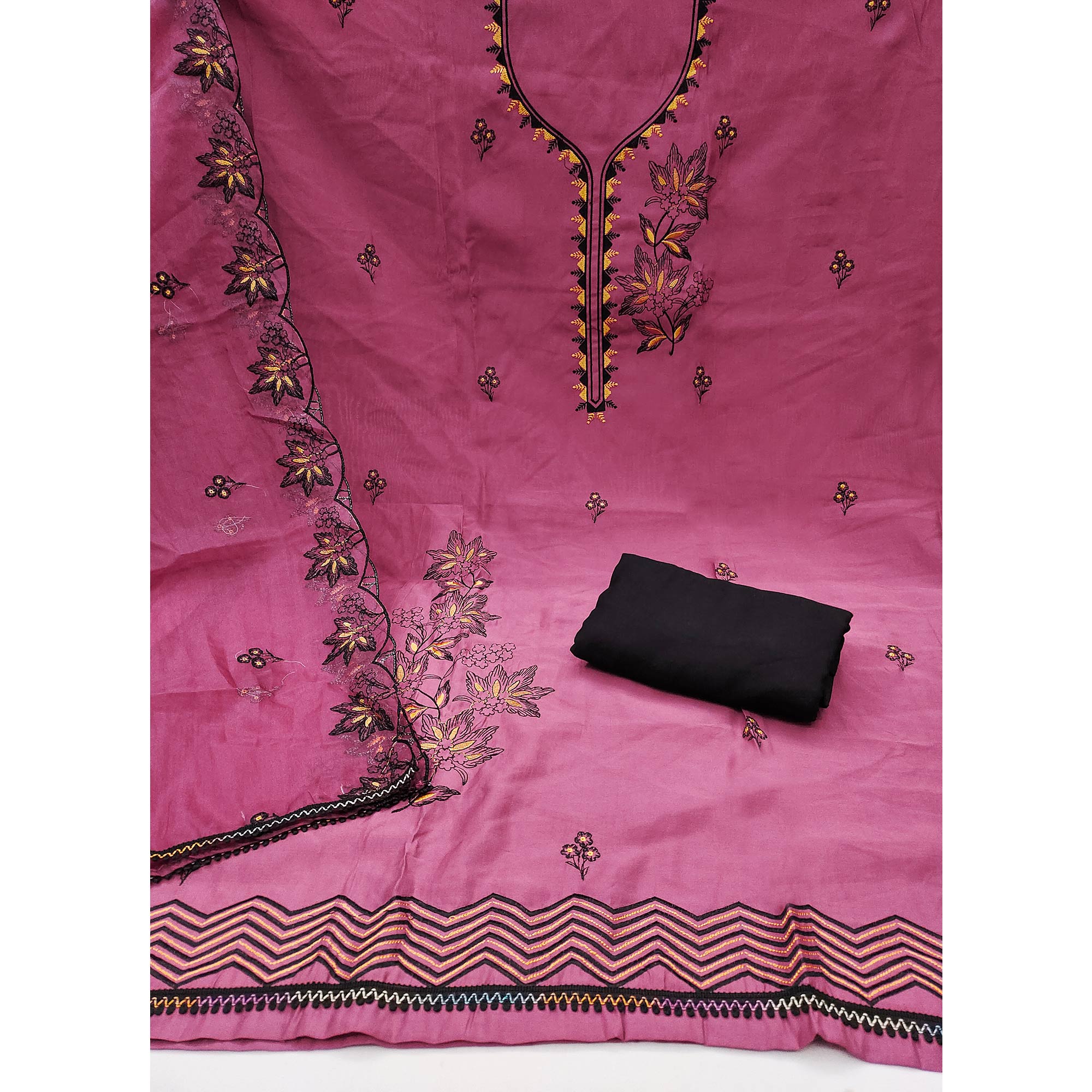 Pink Cotton Silk Dress Material With Intricate Floral Thread Embroidery
