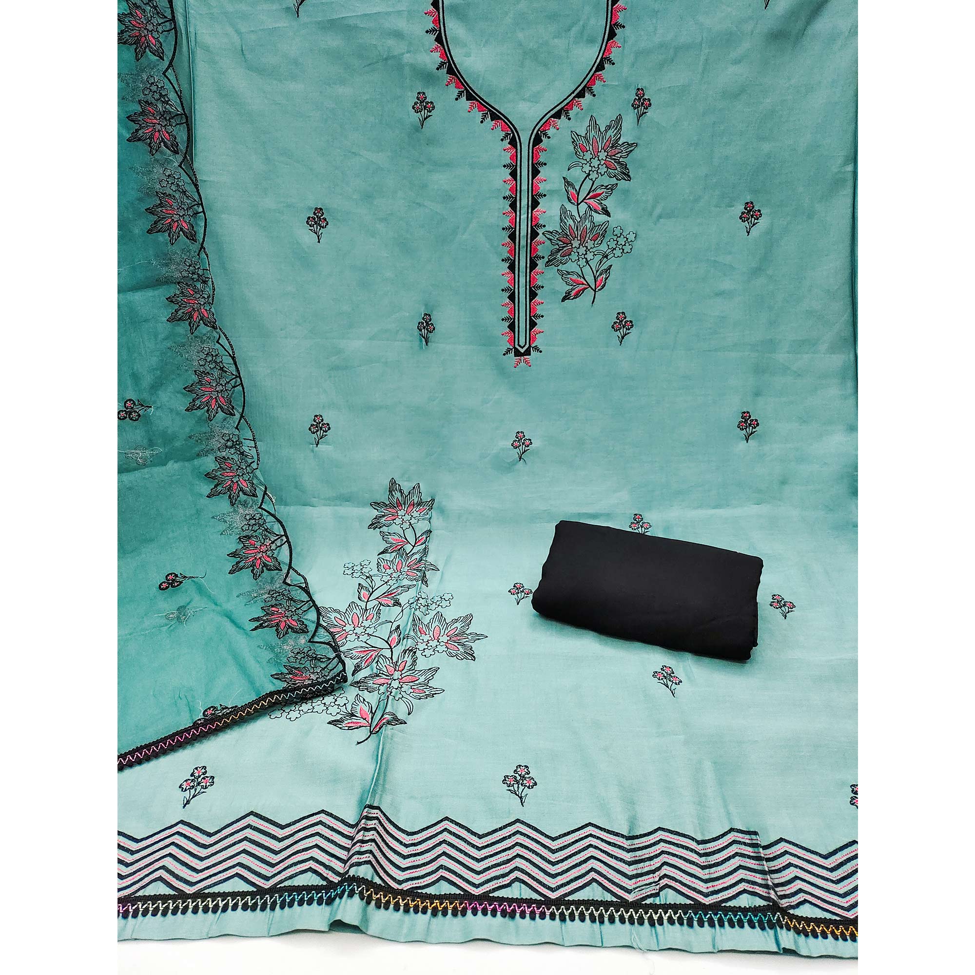 Turquoise Cotton Silk Dress Material With Intricate Floral Thread Embroidery