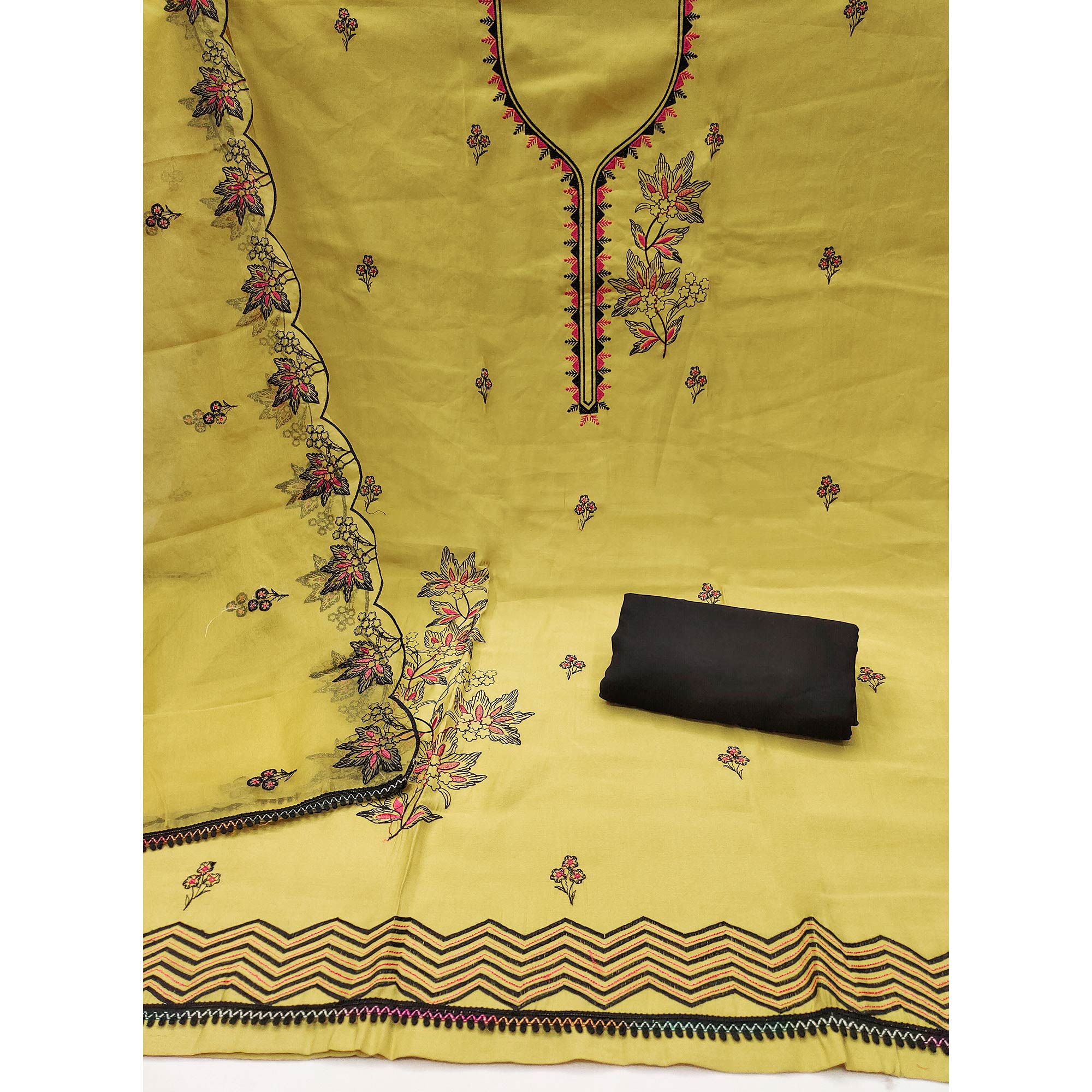 Yellow Cotton Silk Dress Material With Intricate Floral Thread Embroidery