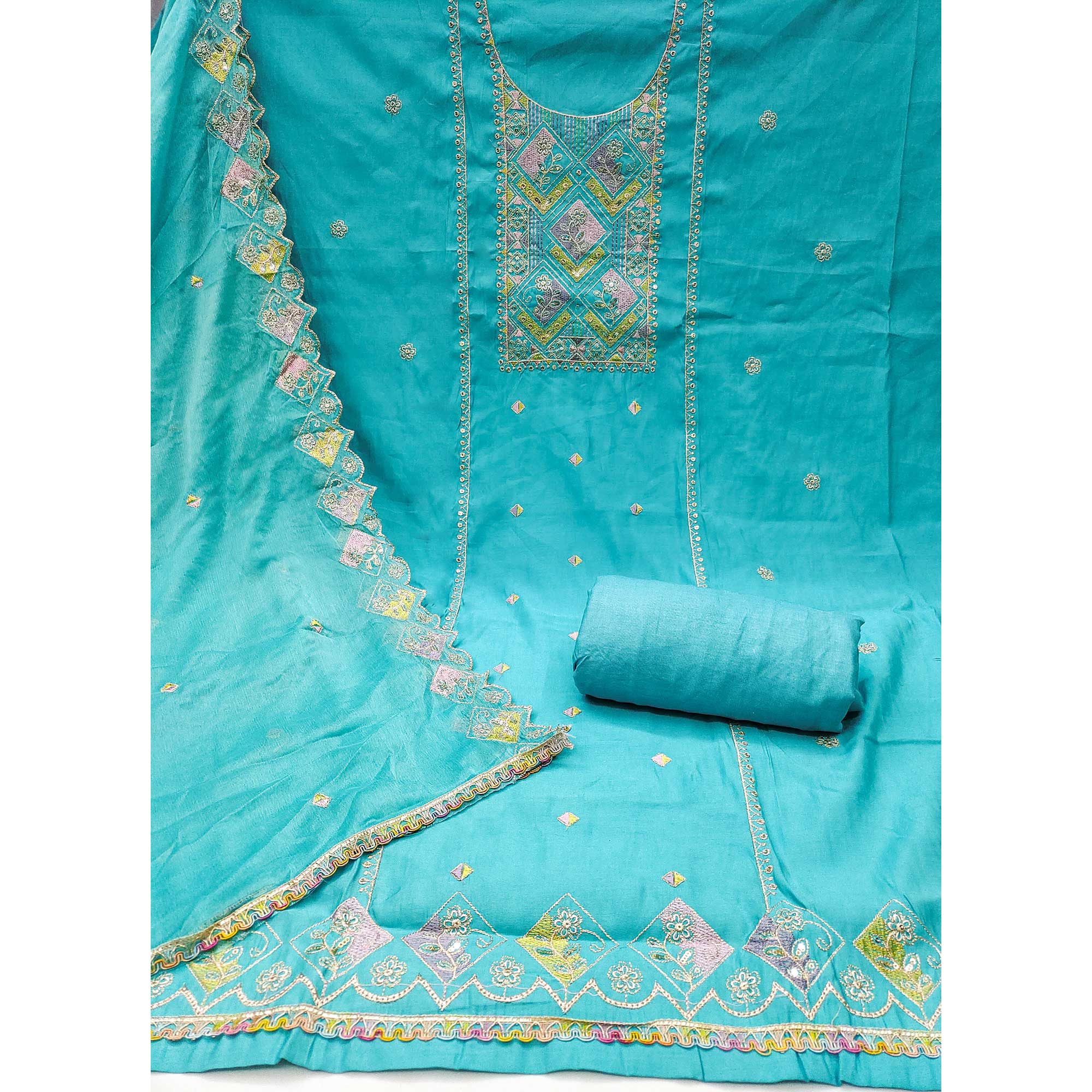 Turquoise Floral Embroidered Cotton Silk Dress Material With Glimmering Sequins Work