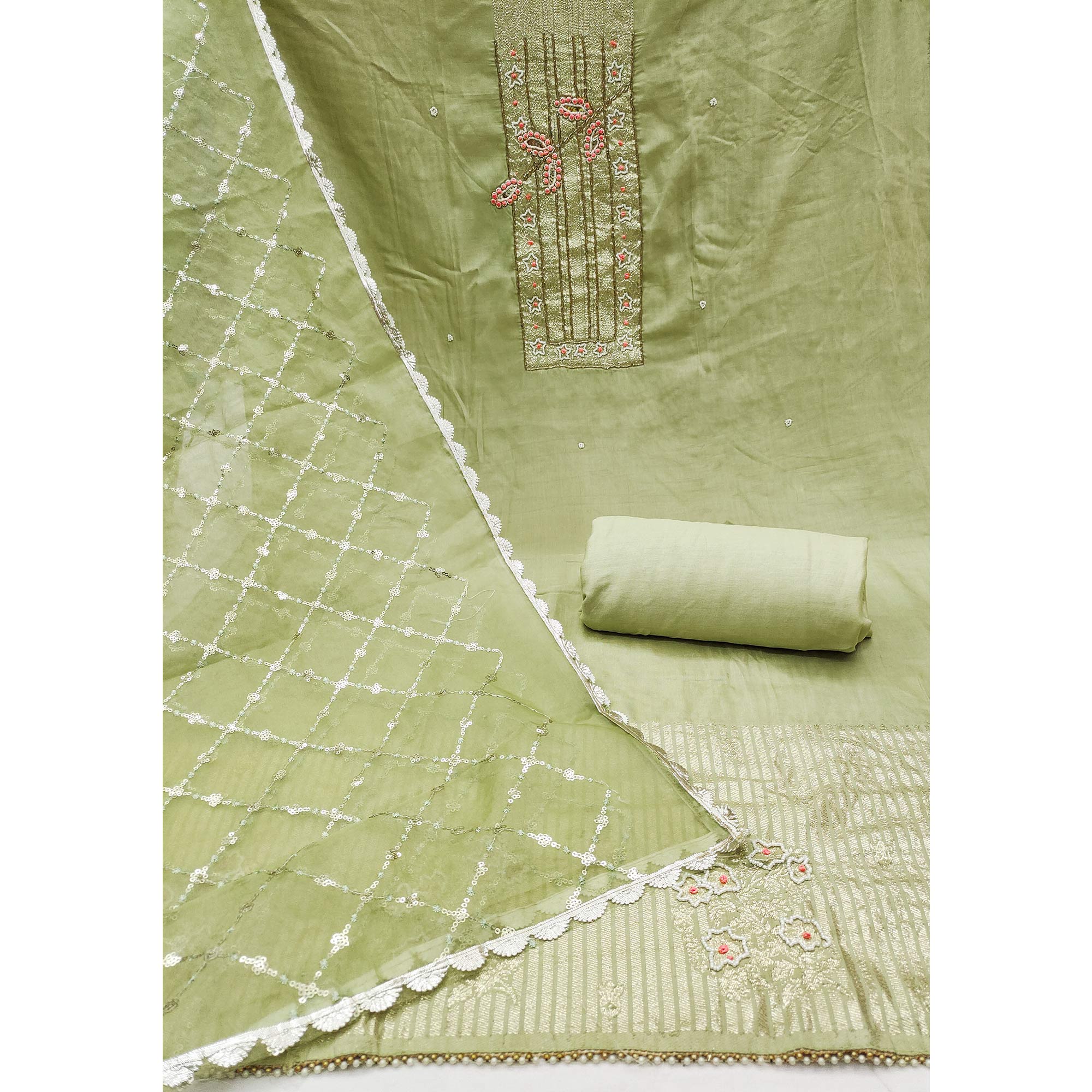 Green Woven With Intricate Moti Handwork Banarasi Cotton Dress Material