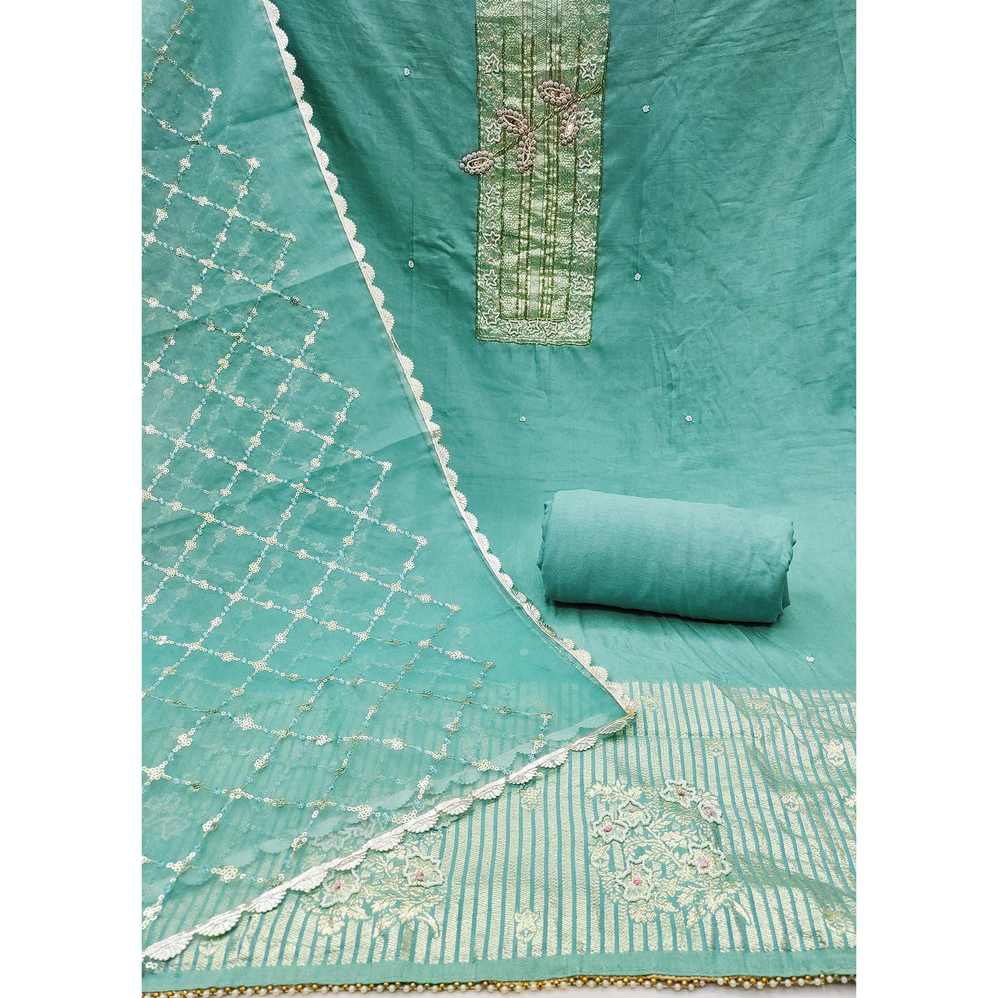 Turquoise Woven With Intricate Moti Handwork Banarasi Cotton Dress Material