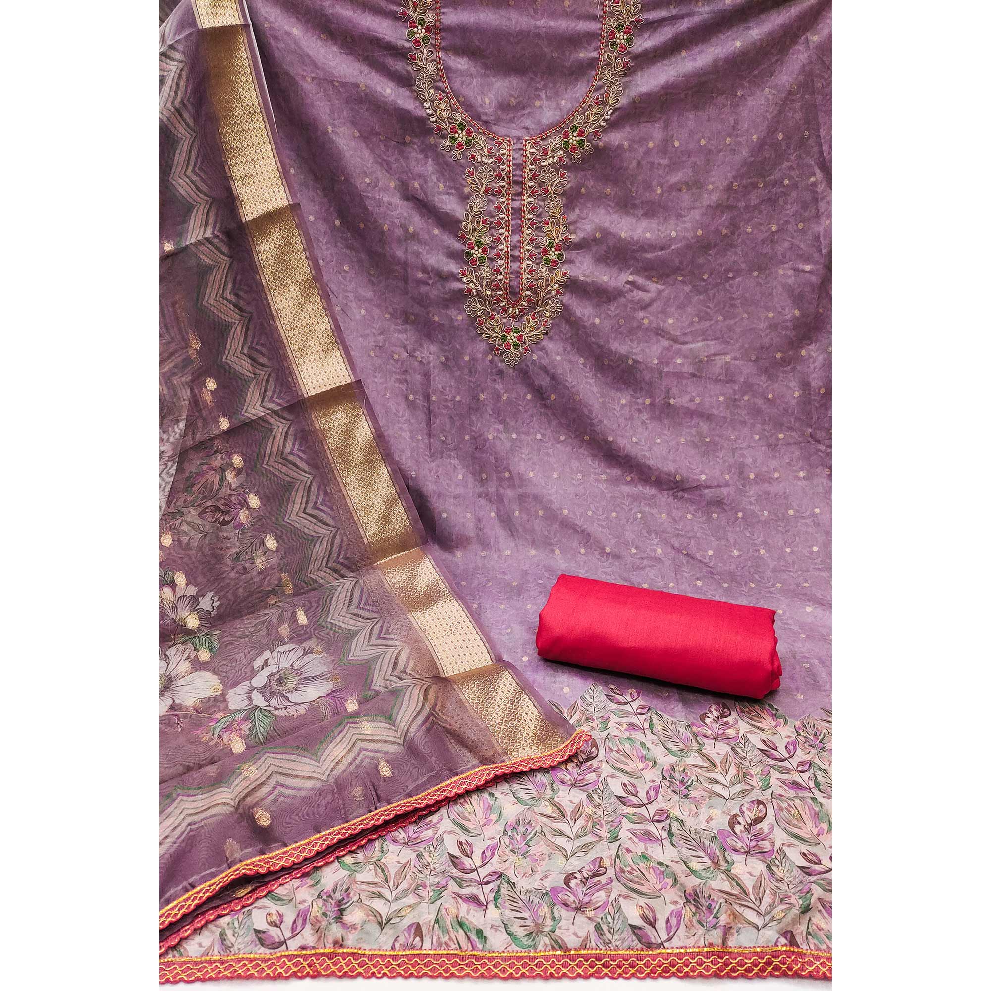 Purple Digital Printed Cotton Silk Dress Material With Intricate Moti & Sequins Handwork