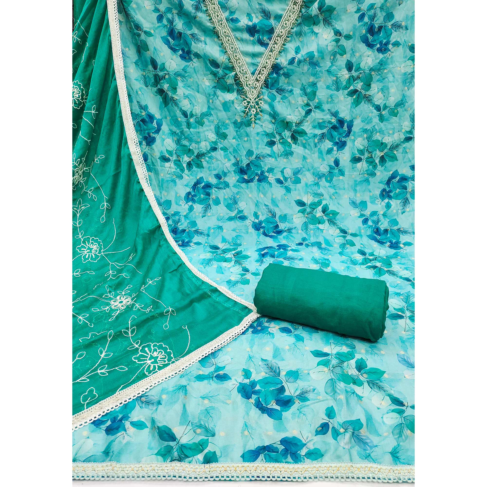 Blue Banarasi Silk Dress Material With Digital Print & Moti Handwork