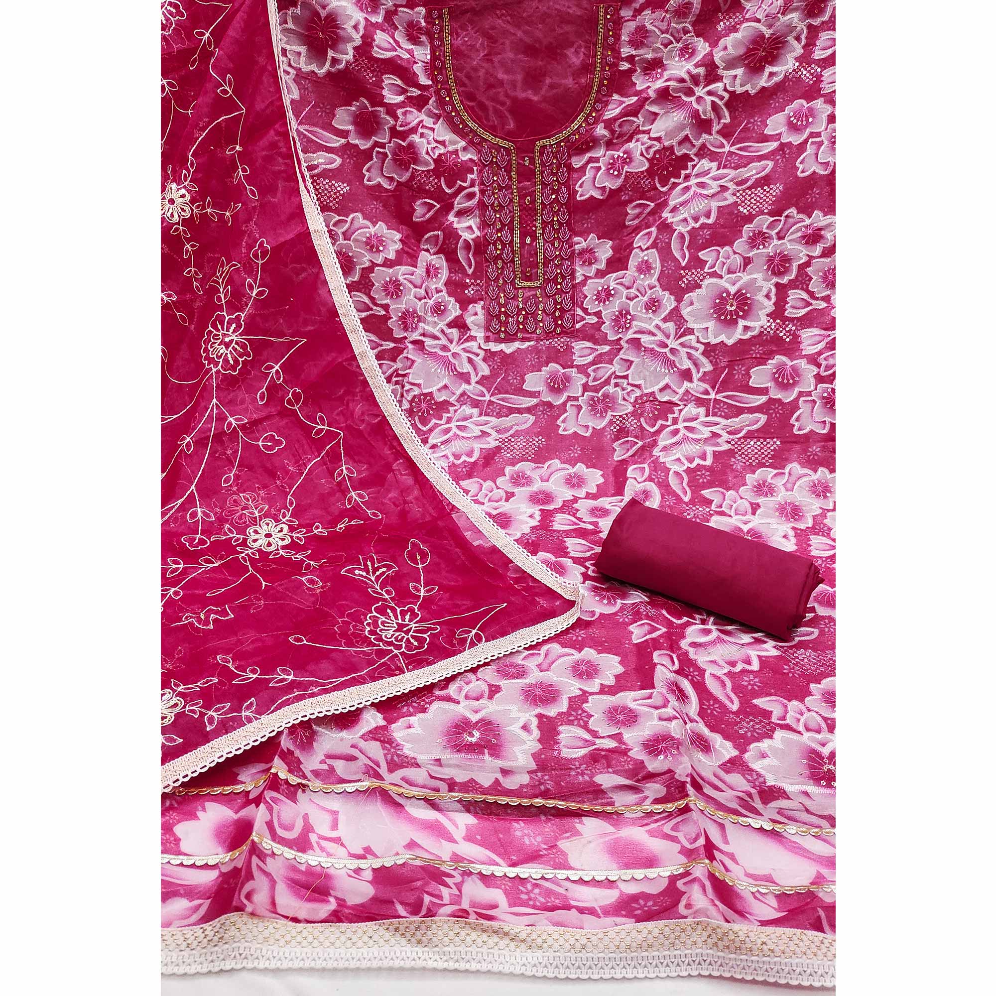 Pink Delicate Floral Sequins & Hand Embellishments On Flowing Organza Dress Material