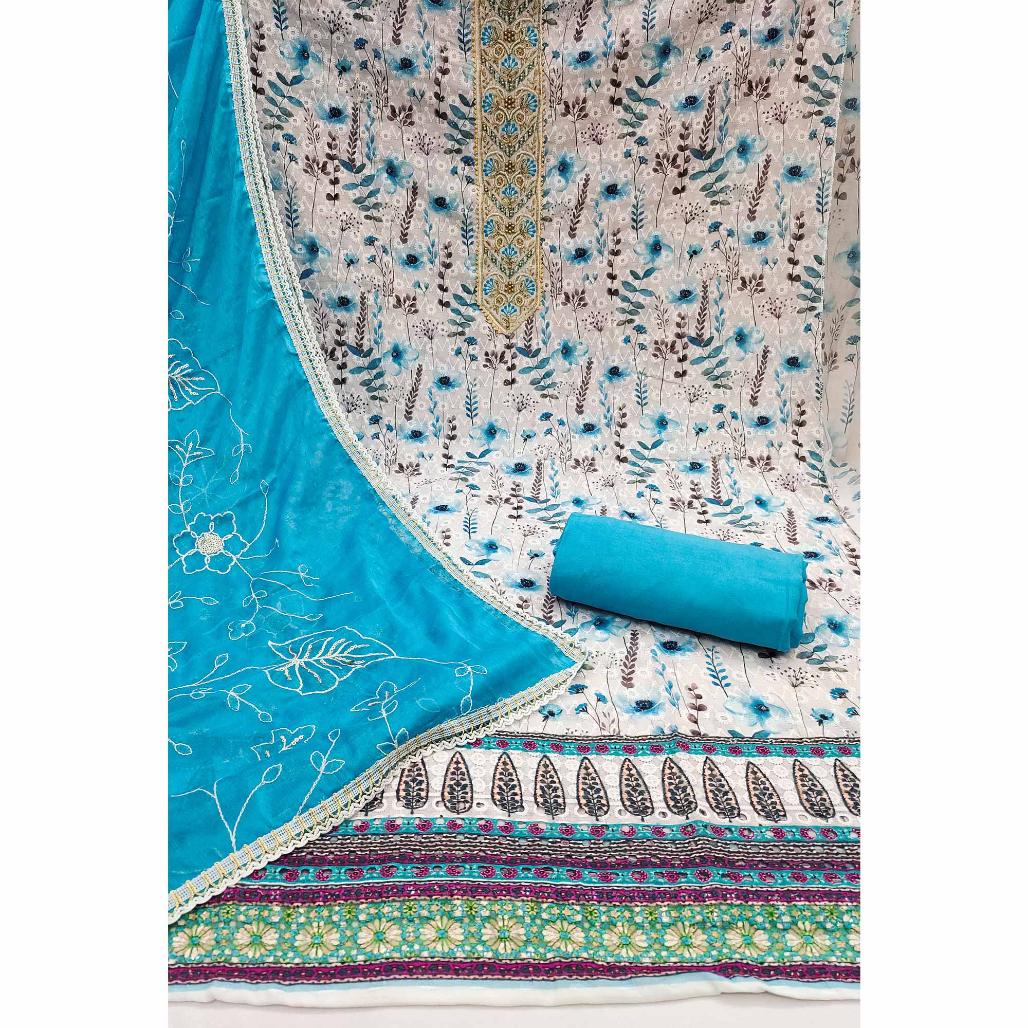 Blue Pure Cotton Dress Material With Digital Florals & Handcrafted Sequins Embroidery