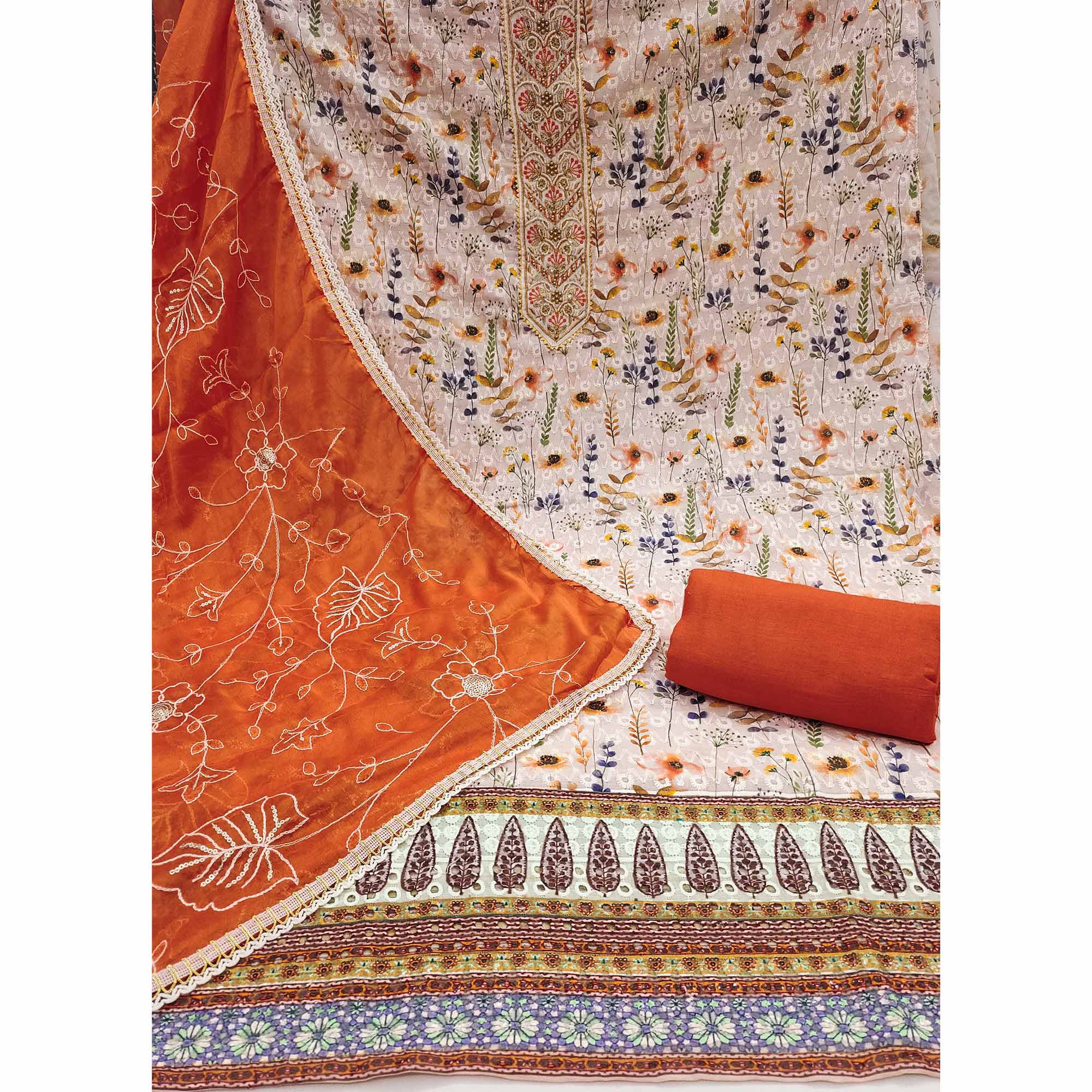 Orange Pure Cotton Dress Material With Digital Florals & Handcrafted Sequins Embroidery