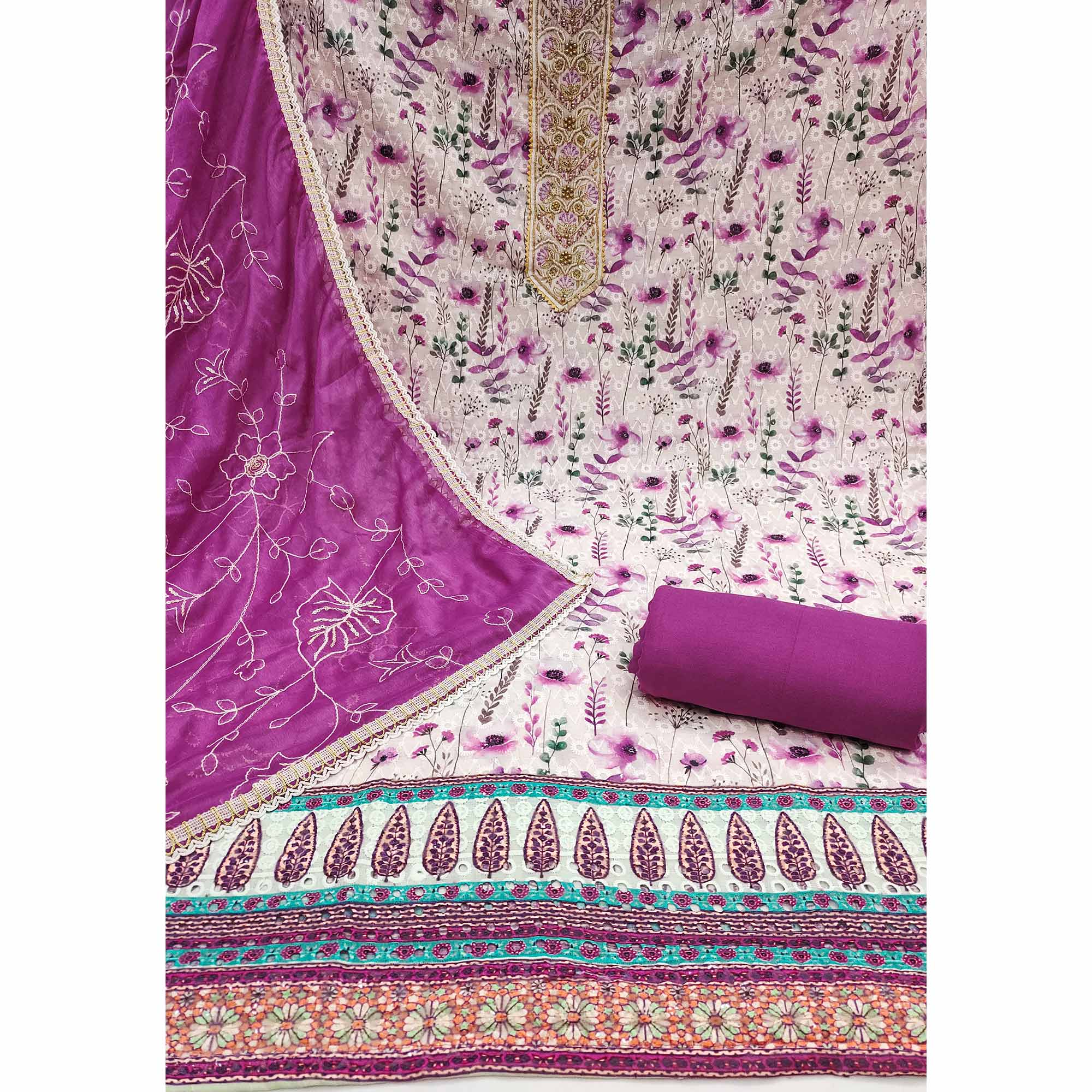 Purple Pure Cotton Dress Material With Digital Florals & Handcrafted Sequins Embroidery