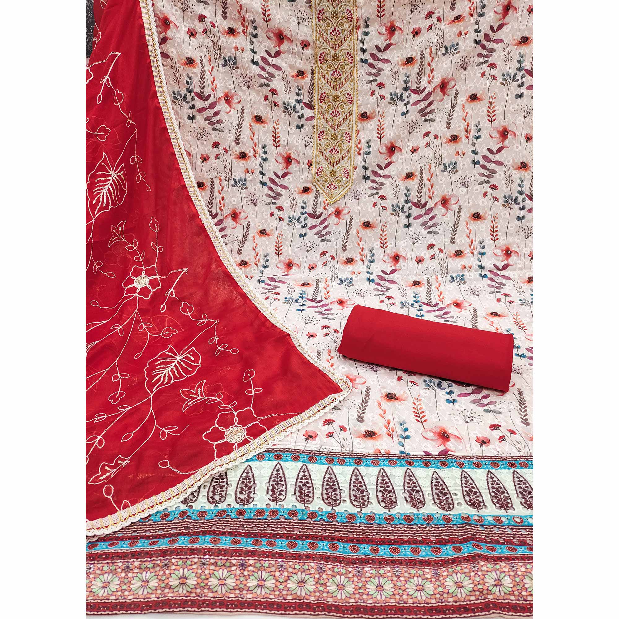 Red Pure Cotton Dress Material With Digital Florals & Handcrafted Sequins Embroidery