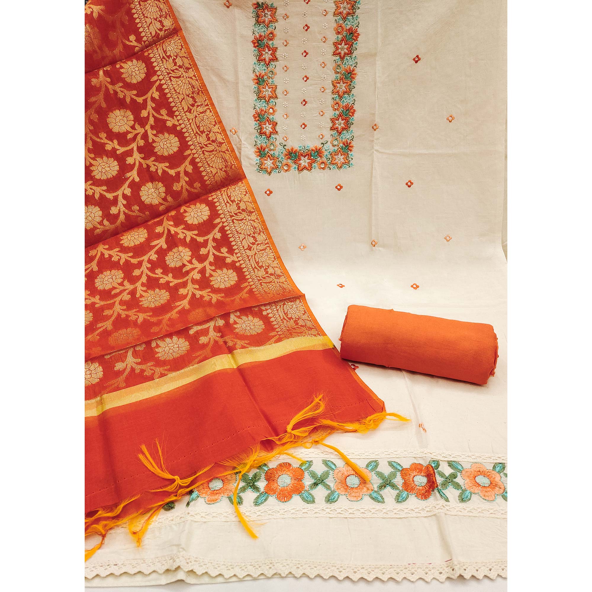 Floral Sequins Embroidered Cream & Orange Pure Cotton Dress Material With Delicate Handwork