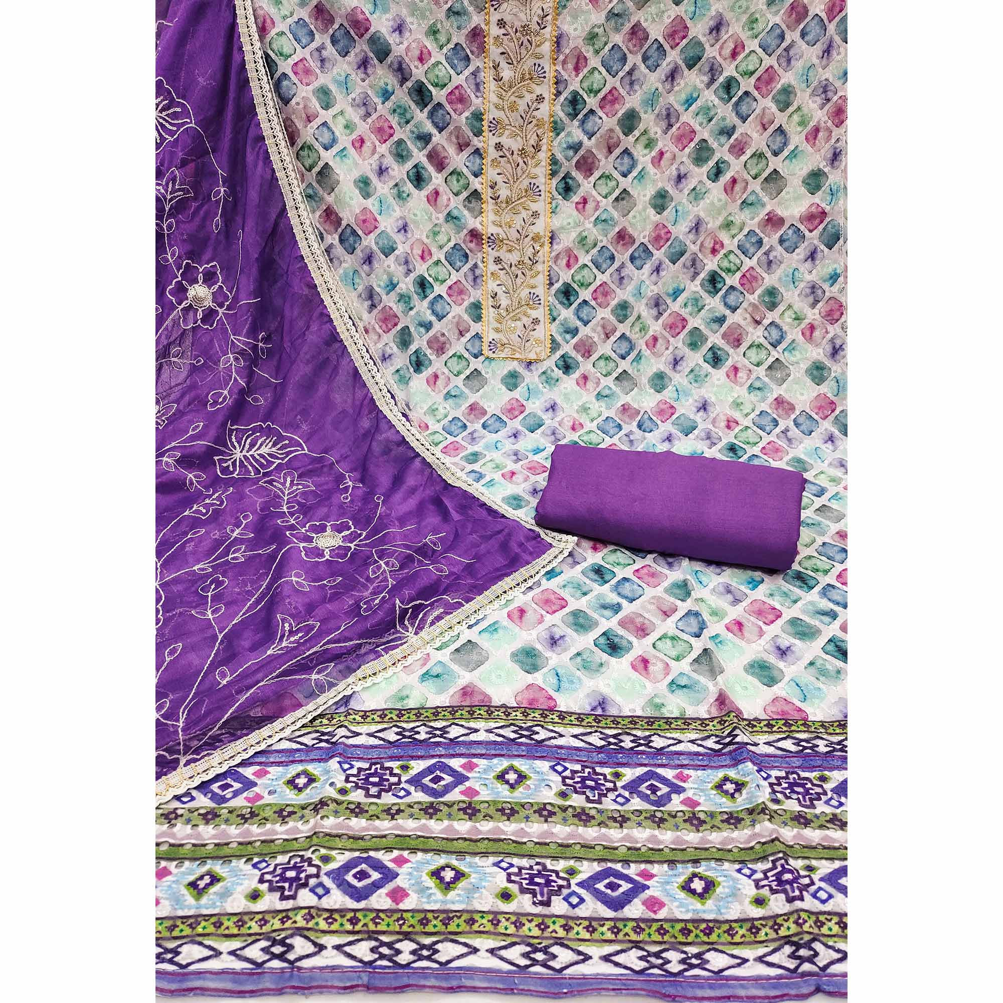 Purple Digital Printed With Sequins Embroidery & Handwork Pure Cotton Dress Material