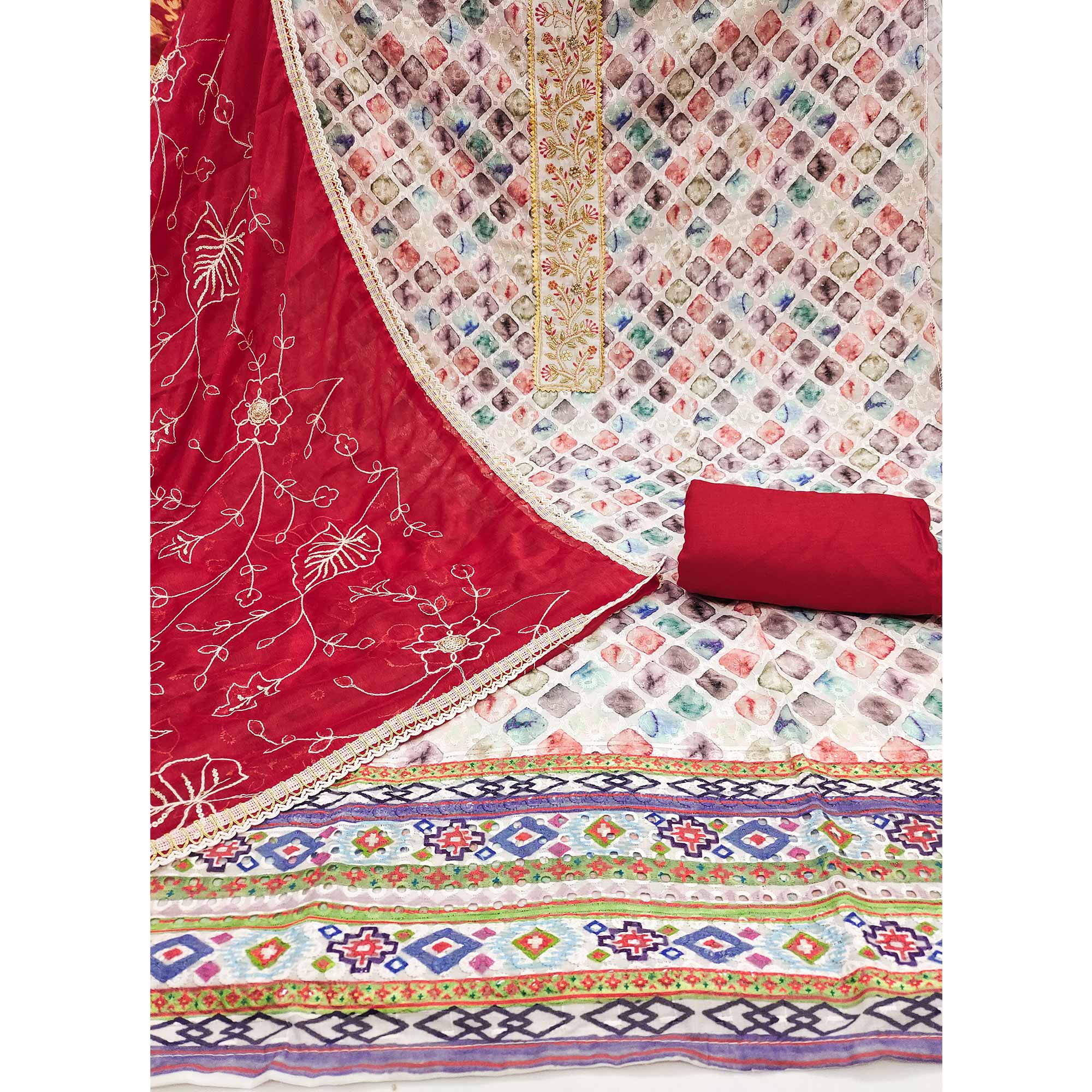 Red Digital Printed With Sequins Embroidery & Handwork Pure Cotton Dress Material