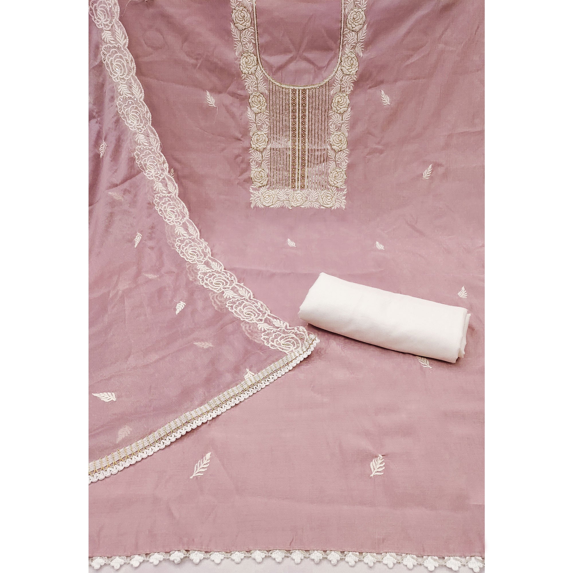 Dusty Mauve Cotton Silk Dress Material Embellished With Floral Embroidery & Intricate Handwork